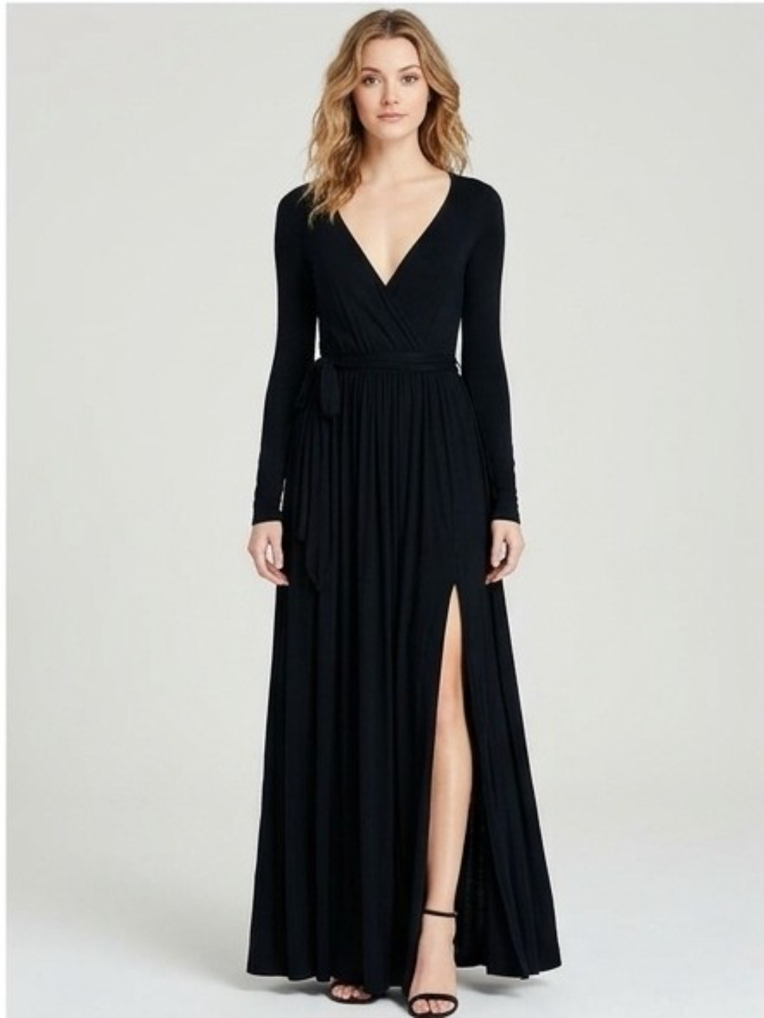 Black Long Sleeve V-Neck A-Line Maxi Dress