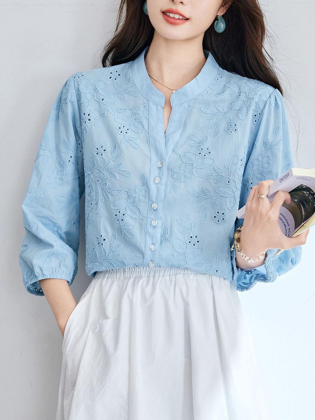 Sky Blue Embroidered 3/4 Sleeve Mandarin Top