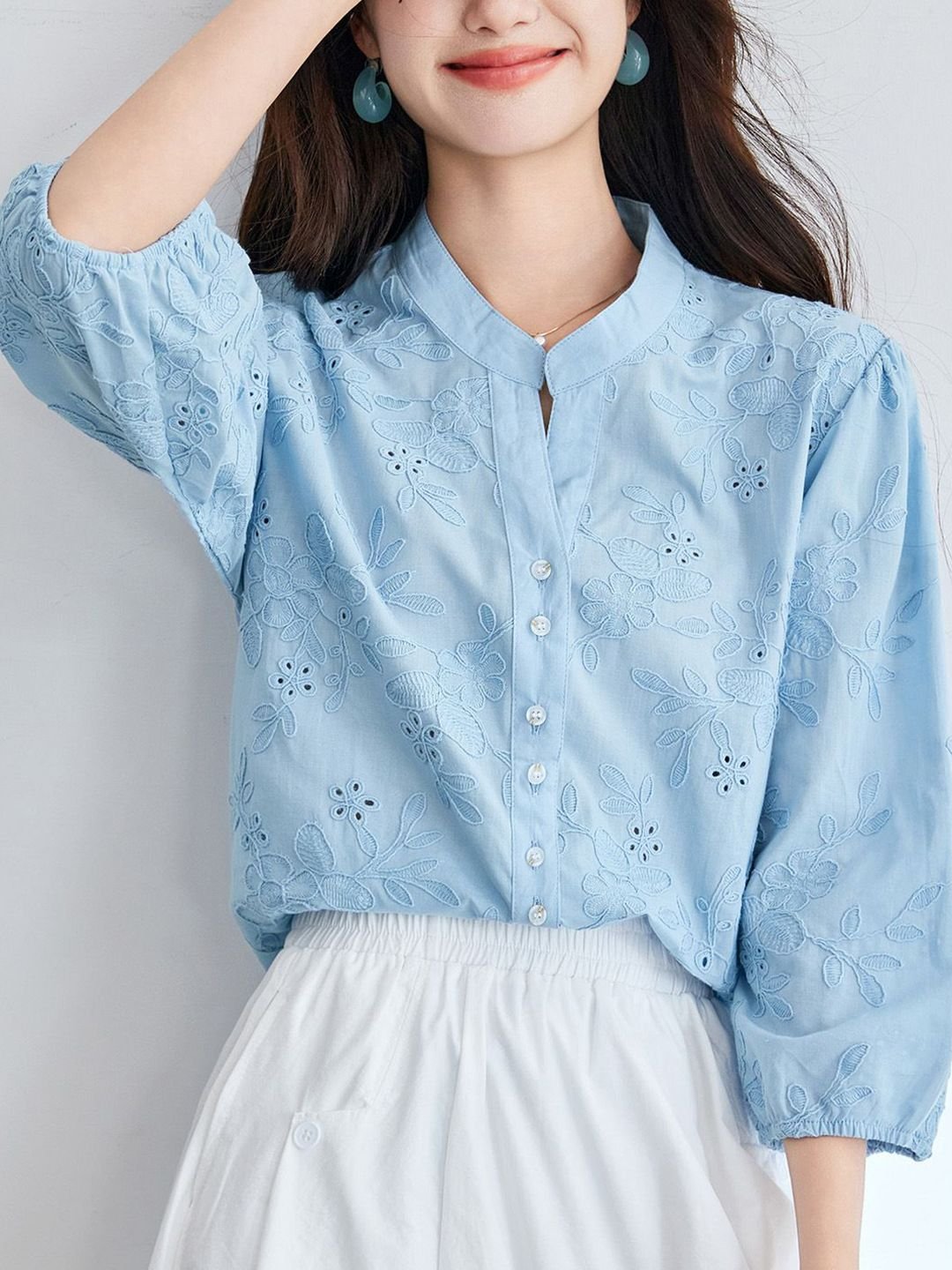Sky Blue Embroidered 3/4 Sleeve Mandarin Top