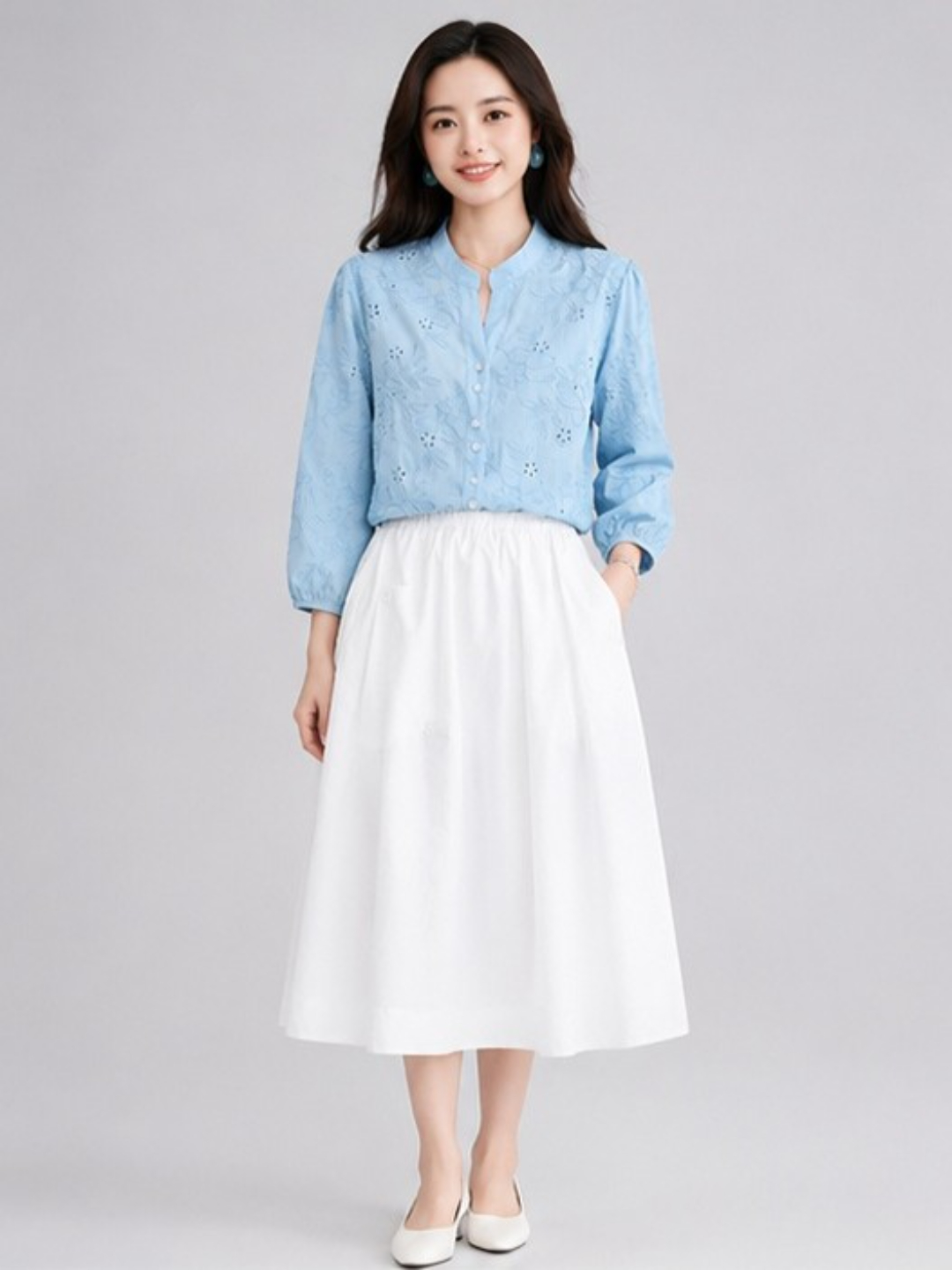Sky Blue Embroidered 3/4 Sleeve Mandarin Top