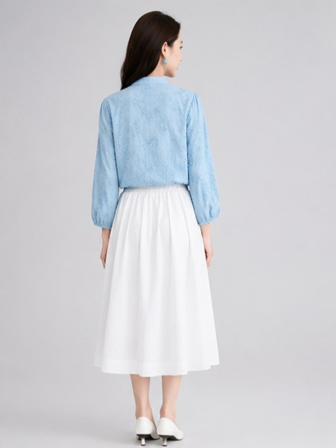 Sky Blue Embroidered 3/4 Sleeve Mandarin Top
