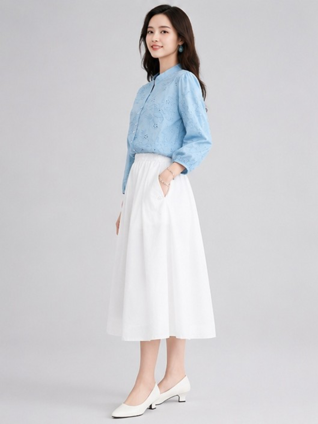 Sky Blue Embroidered 3/4 Sleeve Mandarin Top