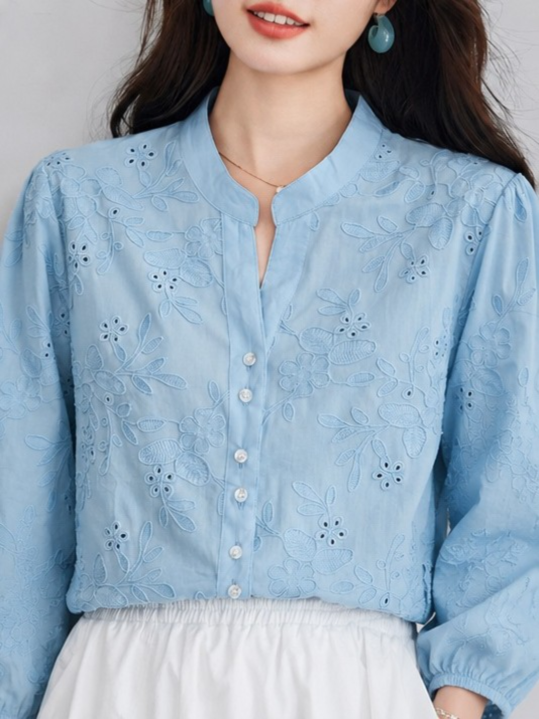 Sky Blue Embroidered 3/4 Sleeve Mandarin Top