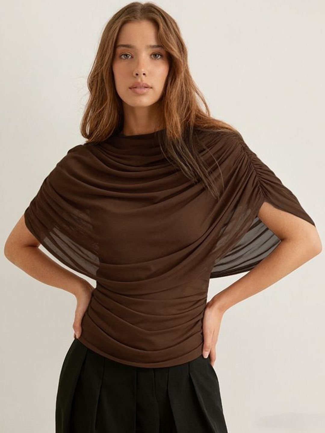 Brown Draped Short Sleeve Top
