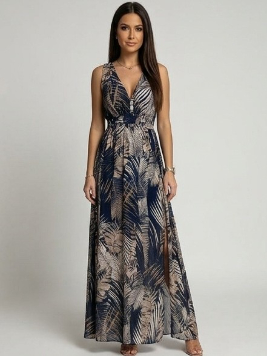 Tropical Print Sleeveless A-Line Maxi Dress