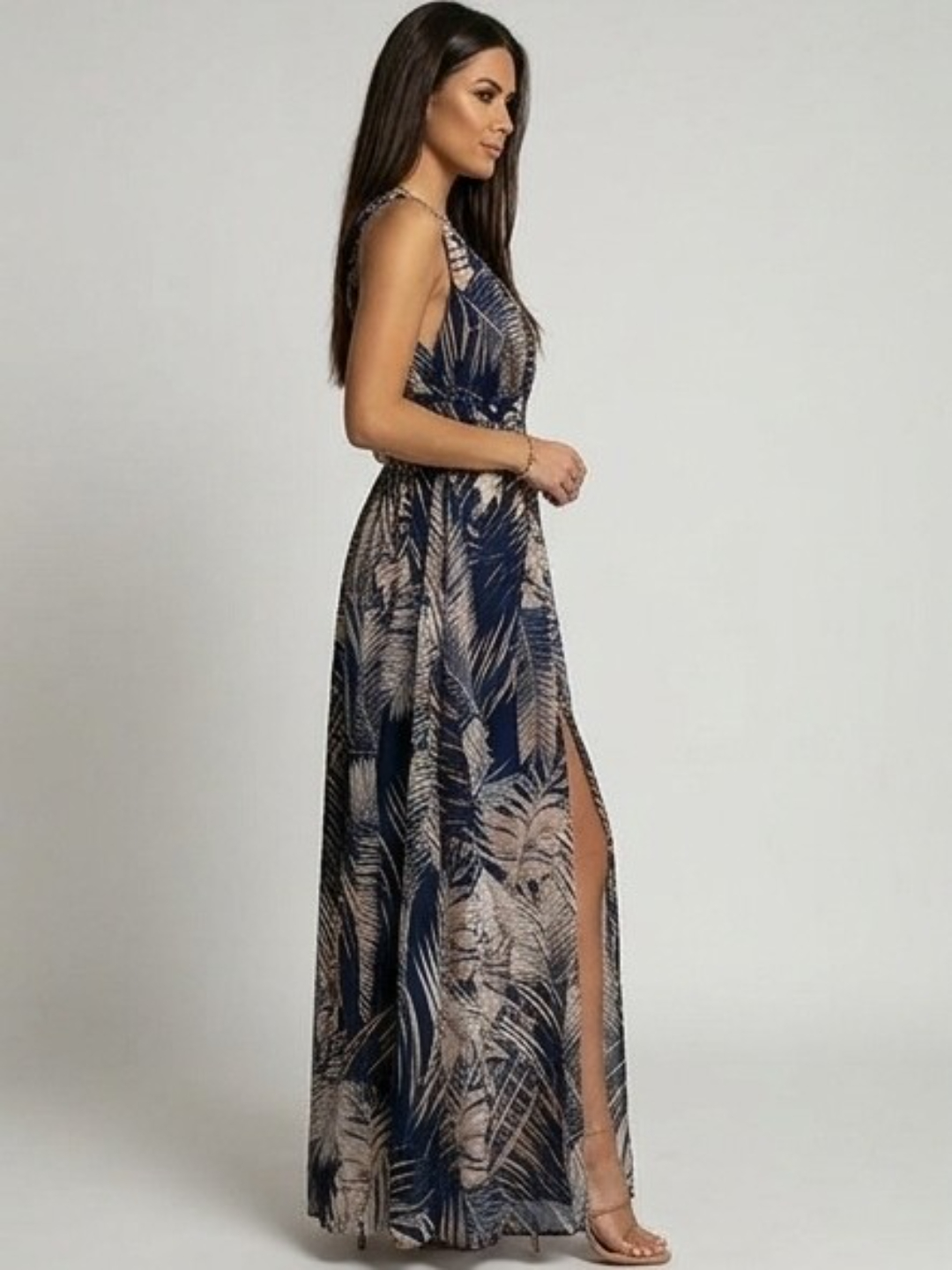 Tropical Print Sleeveless A-Line Maxi Dress