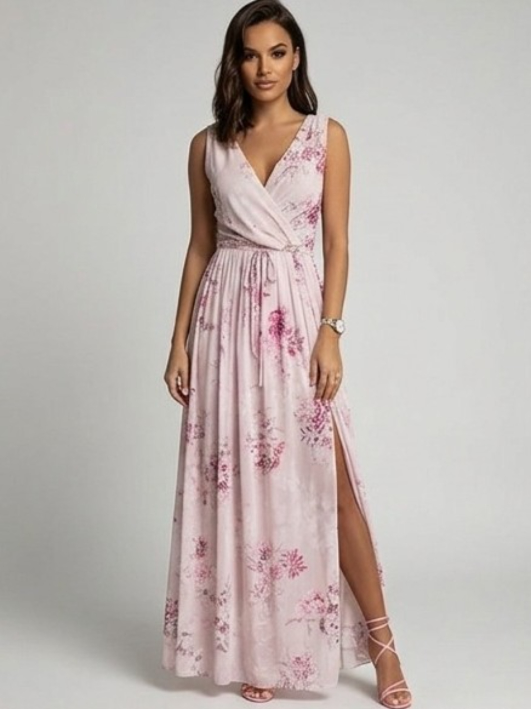 Pink Floral Sleeveless Maxi Wrap Dress