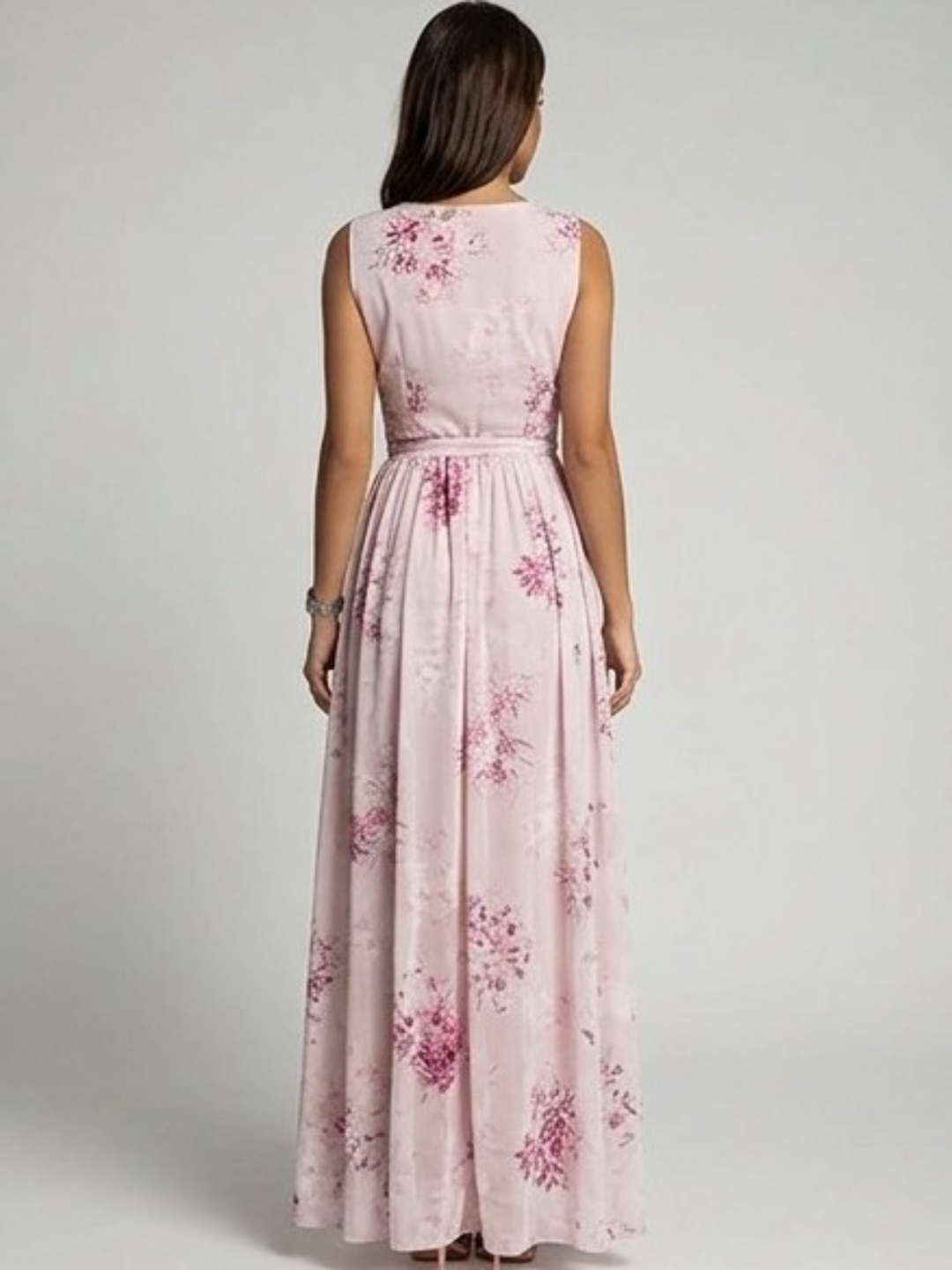Pink Floral Sleeveless Maxi Wrap Dress