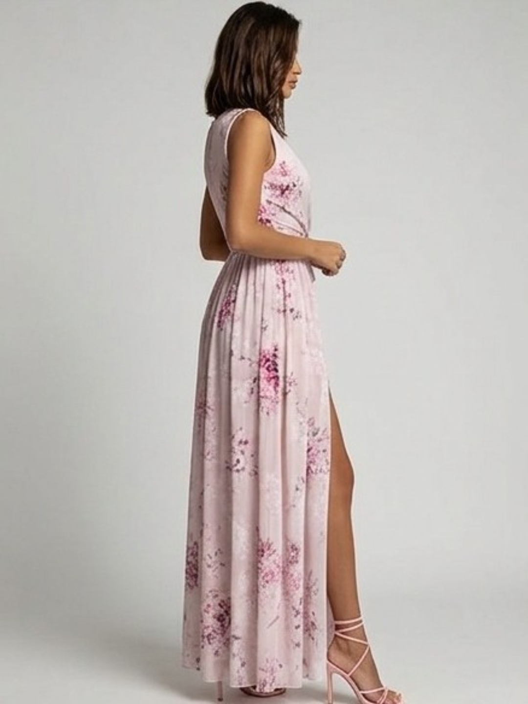 Pink Floral Sleeveless Maxi Wrap Dress
