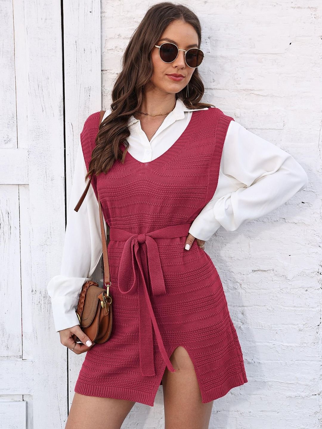 Pink Plain A-Line Midi Dress with Long Sleeves