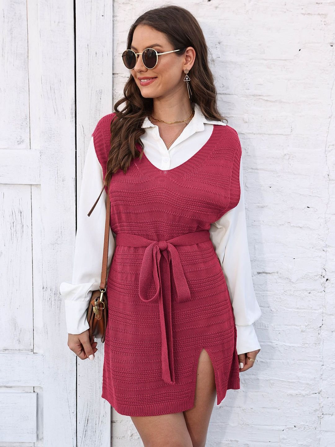 Pink Plain A-Line Midi Dress with Long Sleeves