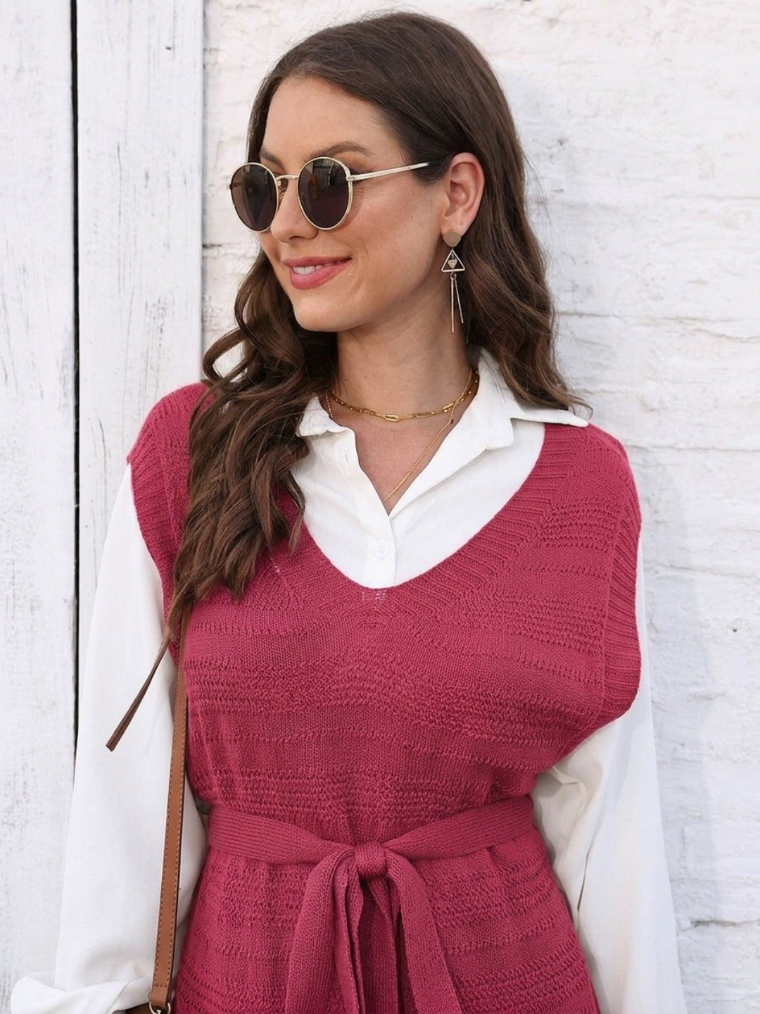 Pink Plain A-Line Midi Dress with Long Sleeves