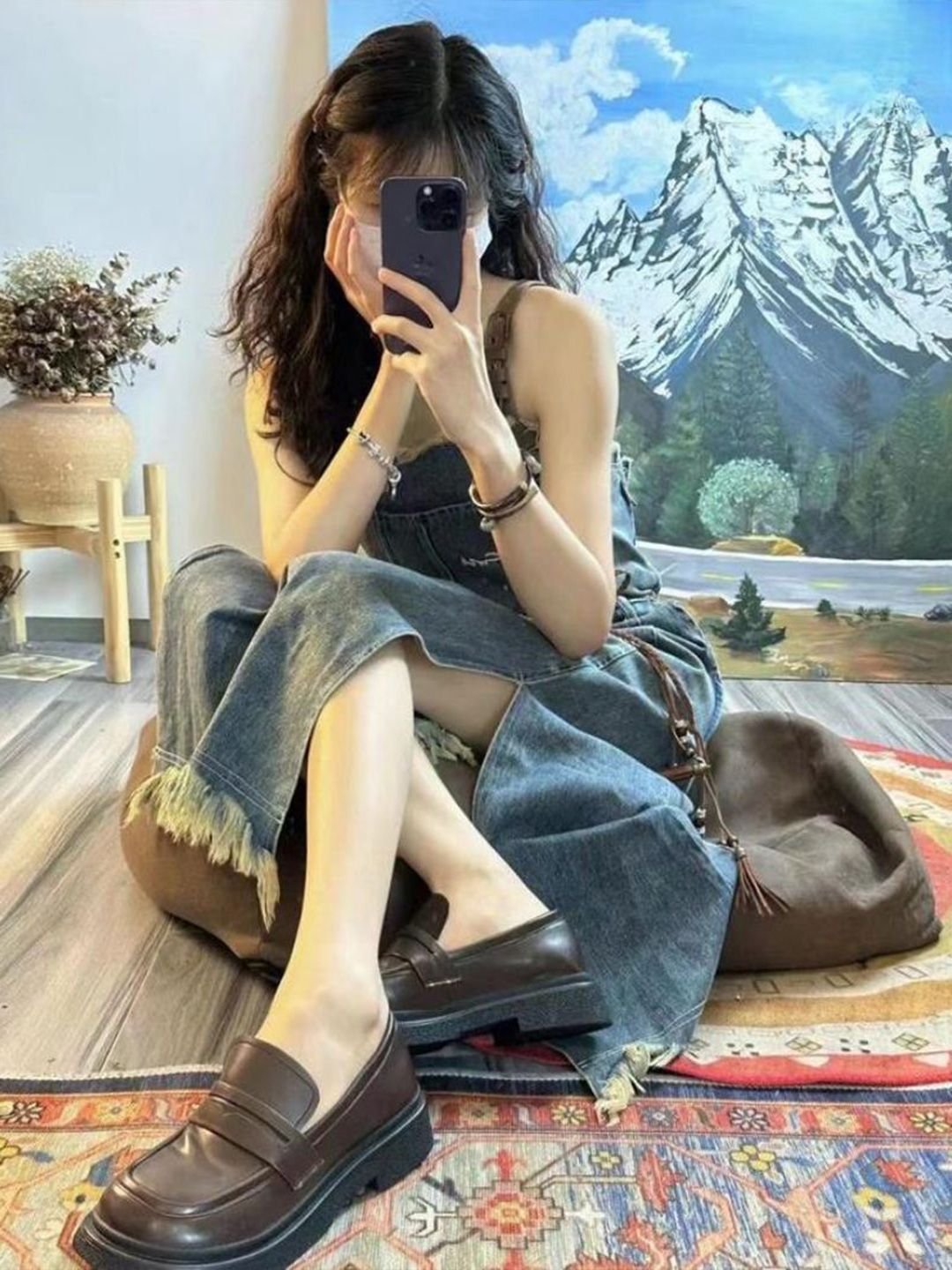 Blue Denim Sleeveless Maxi A-Line Dress with Fringed Hem