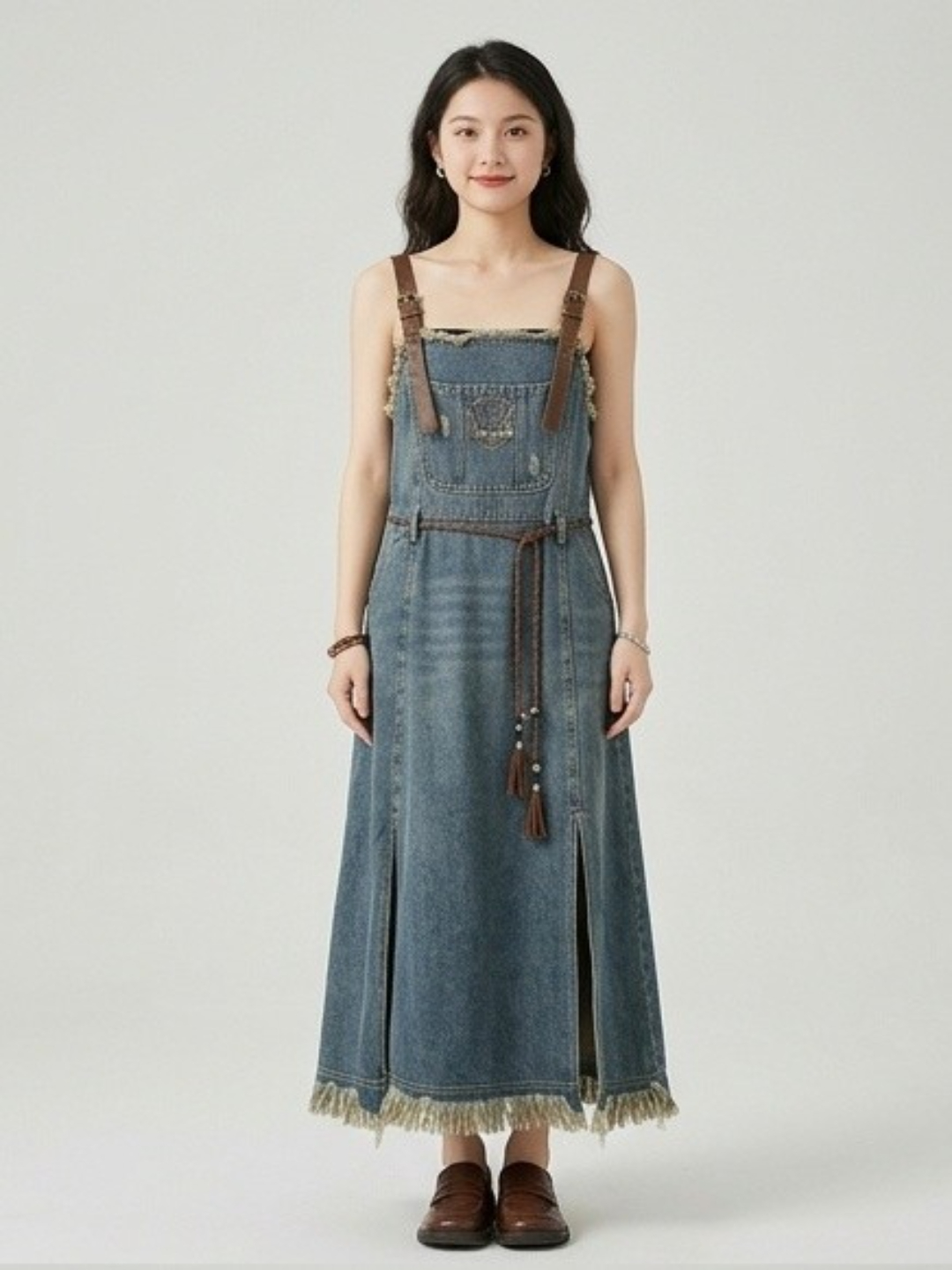 Blue Denim Sleeveless Maxi A-Line Dress with Fringed Hem