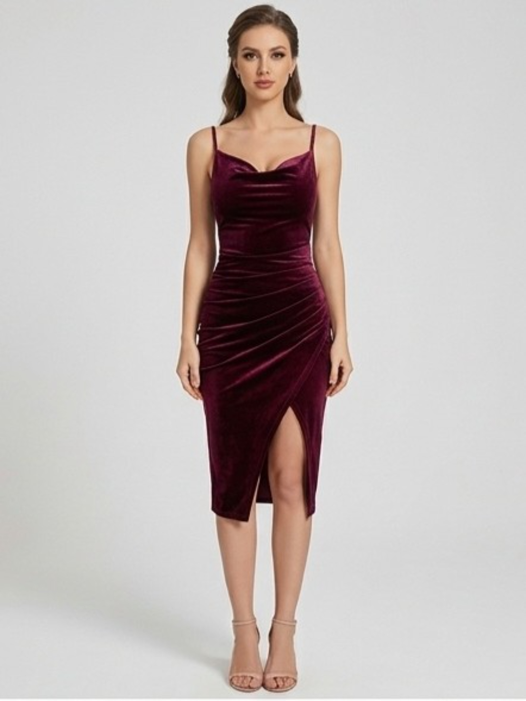 Maroon Velvet Midi Bodycon Dress with Slit