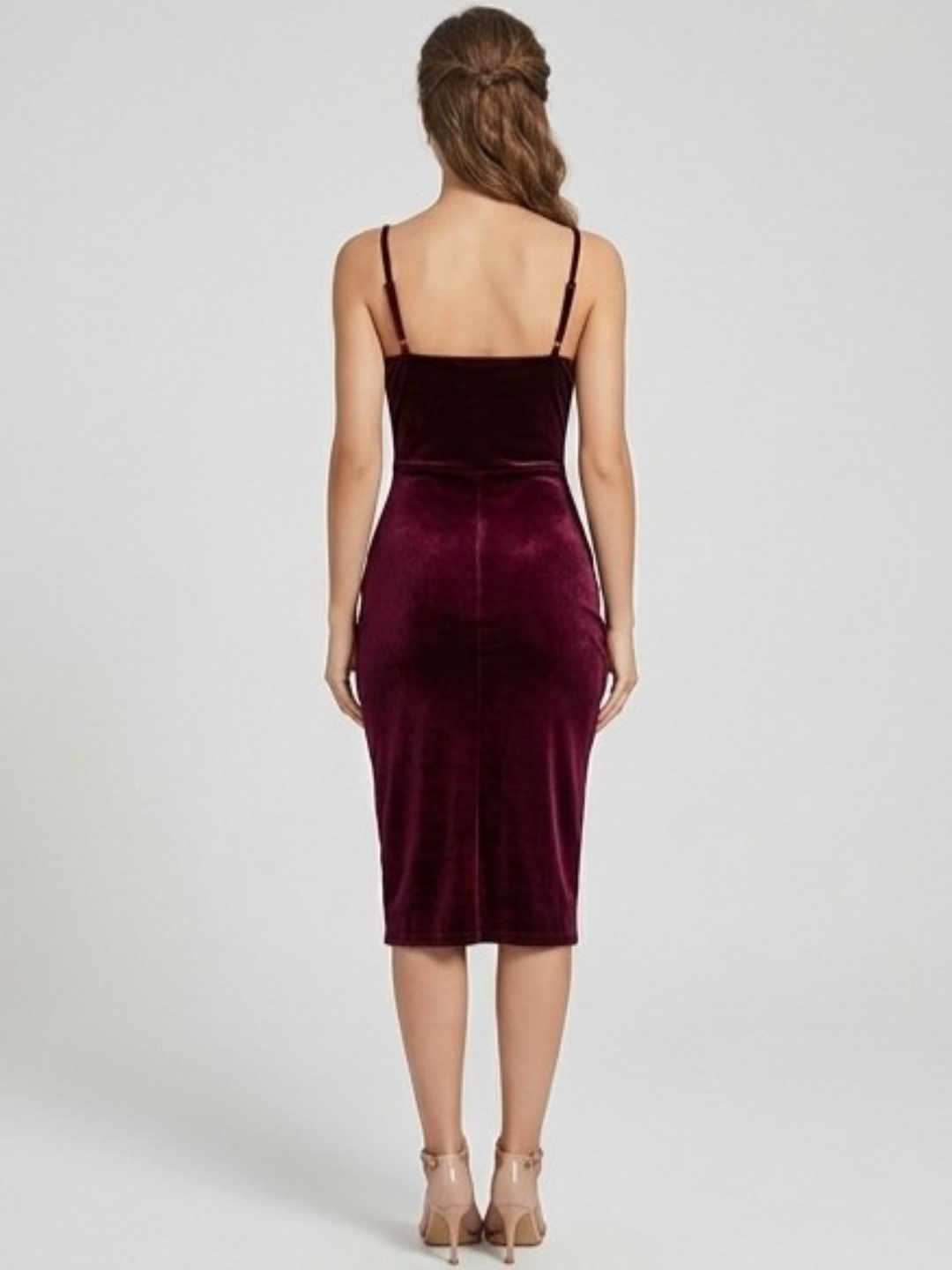 Maroon Velvet Midi Bodycon Dress with Slit