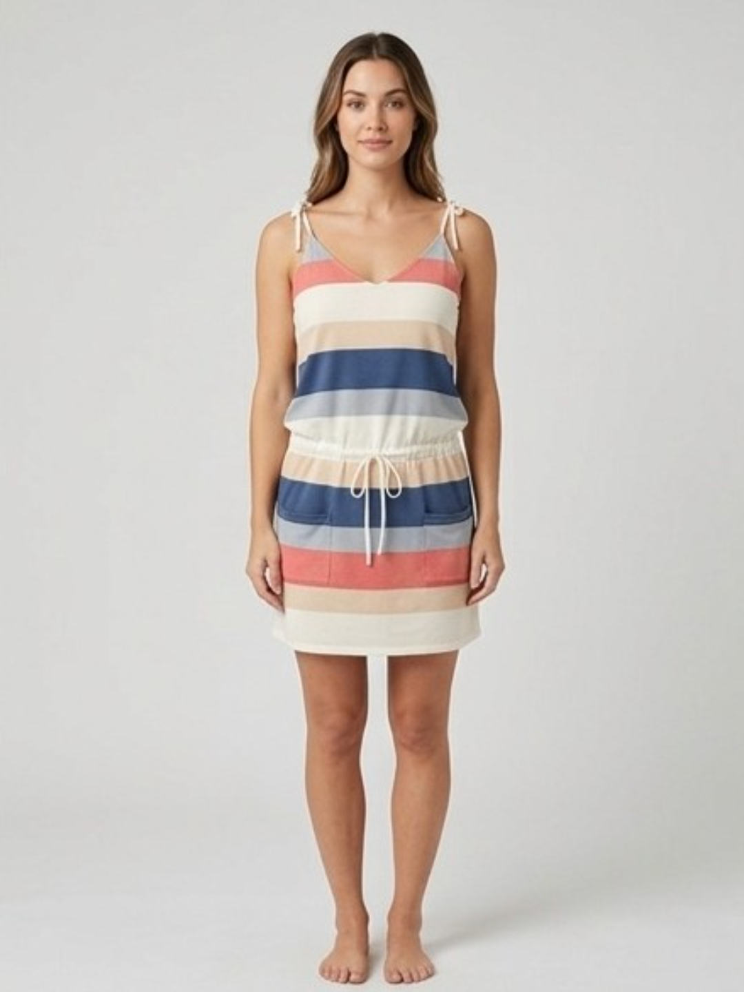 Striped A-Line Mini Dress with Drawstring Waist