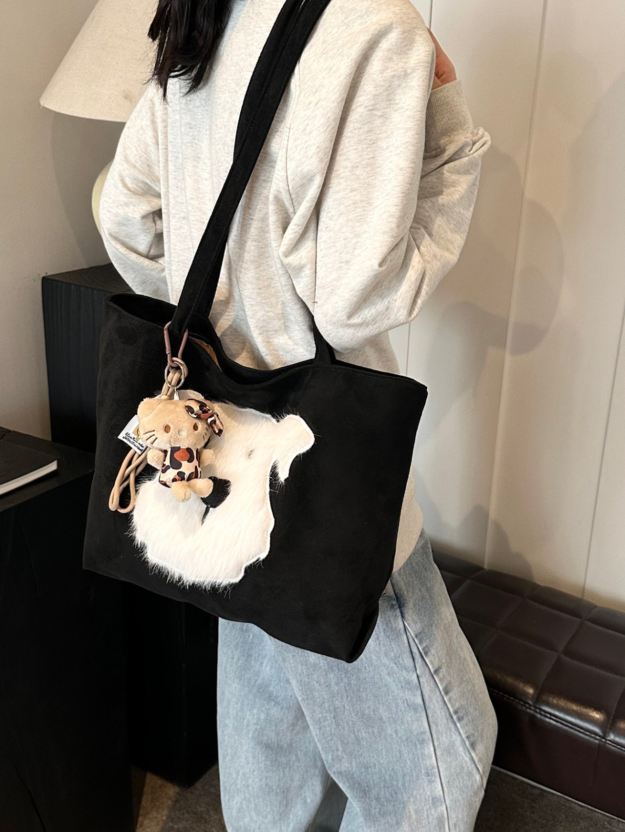 Black Shoulder Bag with Faux Fur Accent