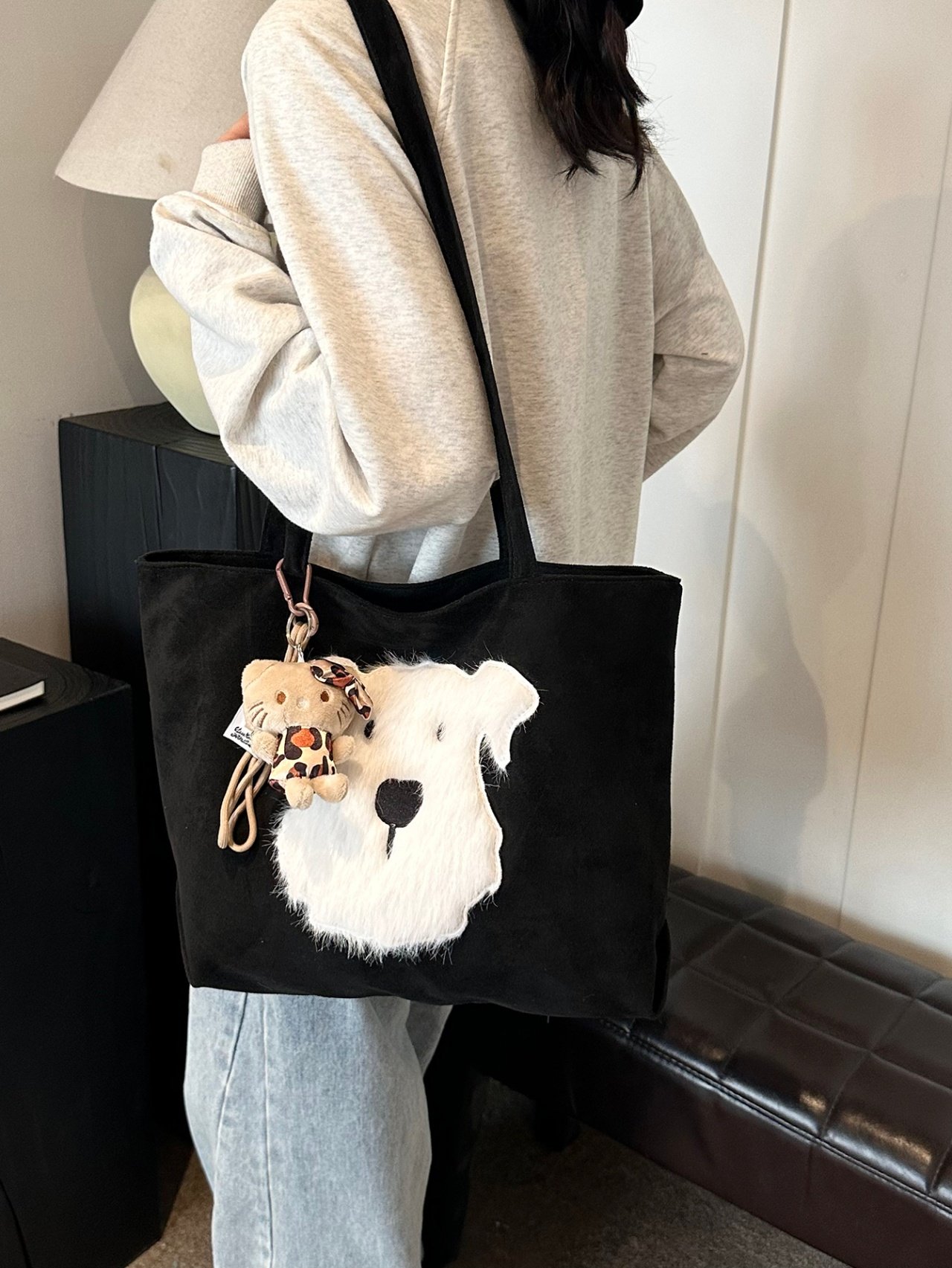 Black Shoulder Bag with Faux Fur Accent
