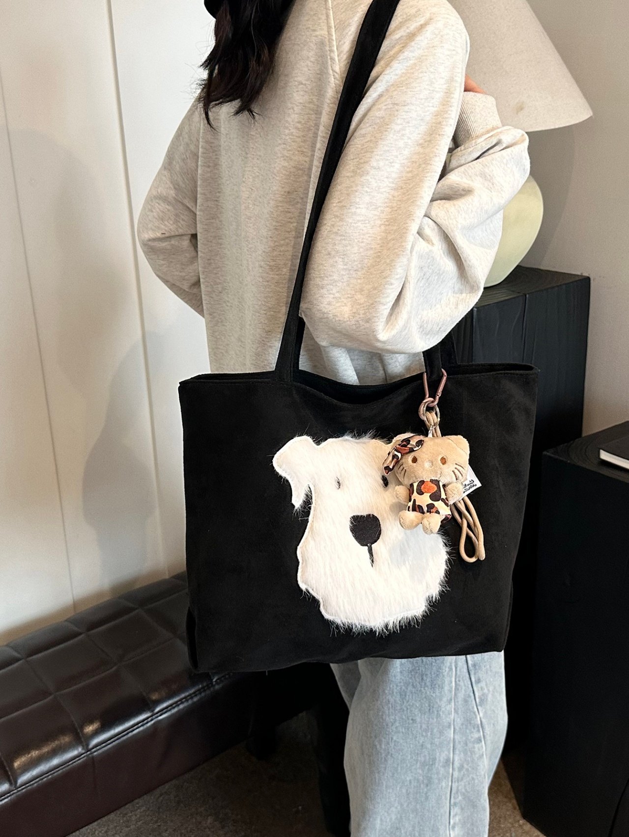 Black Shoulder Bag with Faux Fur Accent