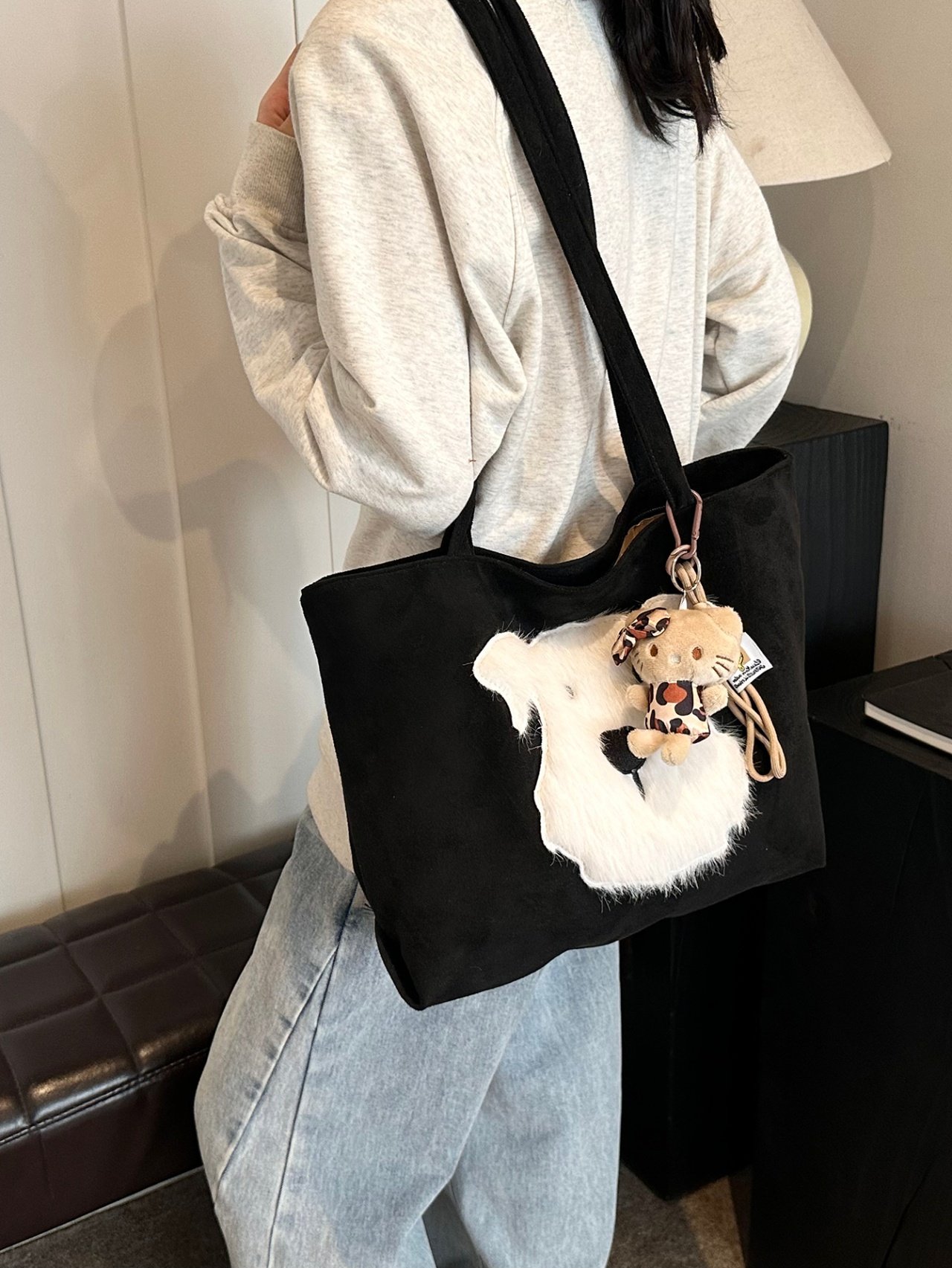 Black Shoulder Bag with Faux Fur Accent