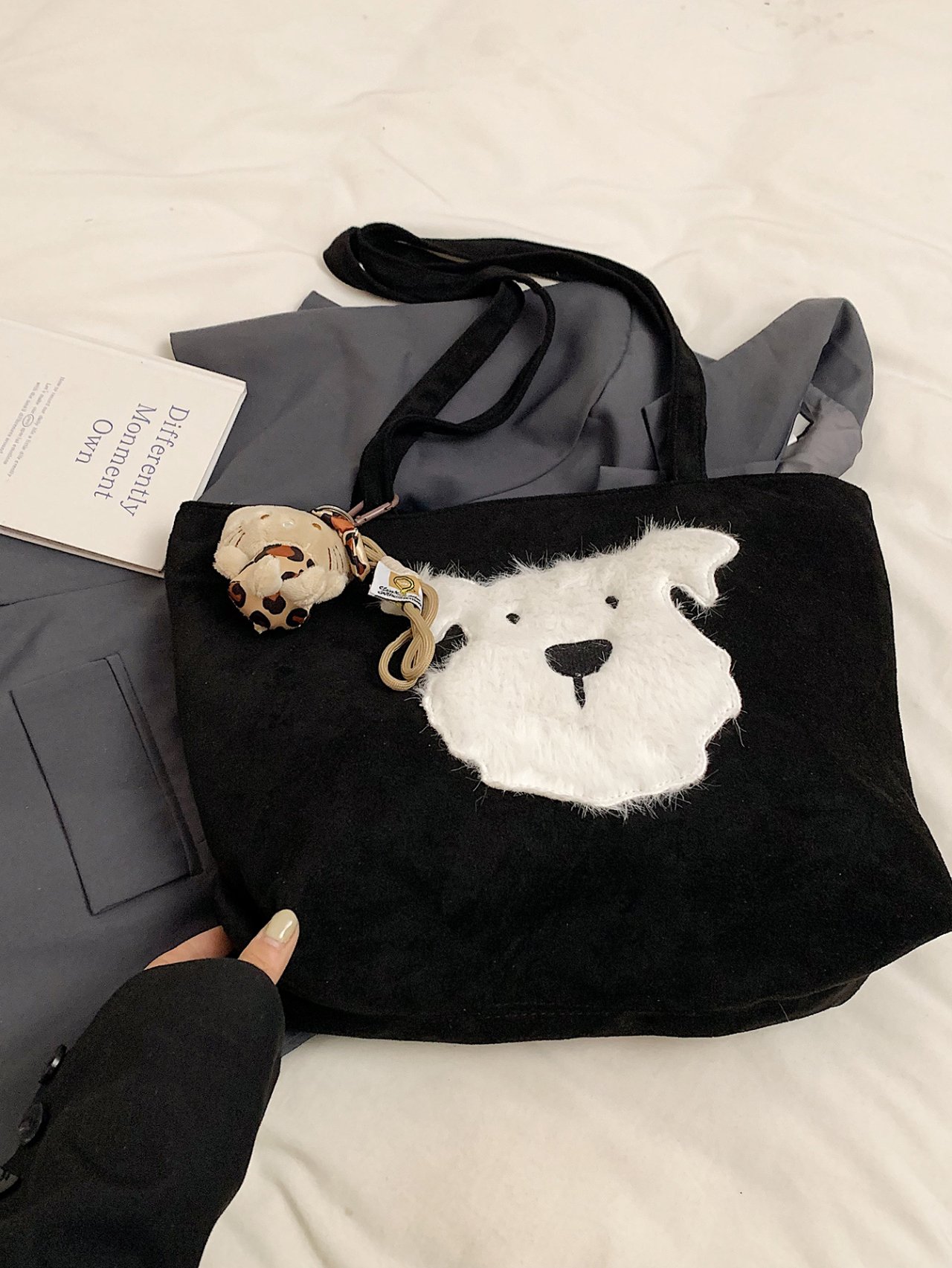 Black Shoulder Bag with Faux Fur Accent
