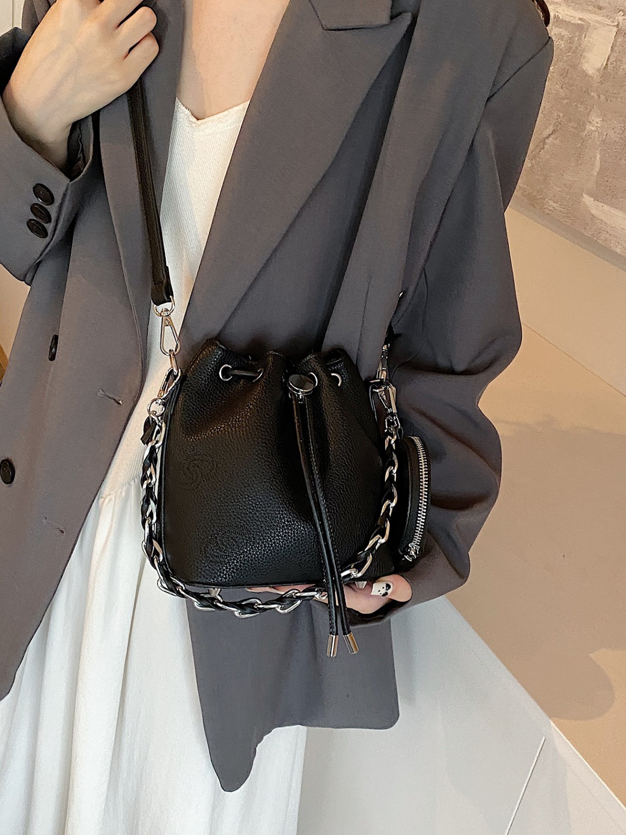 Black Textured Crossbody Bucket Bag with Chain Detail