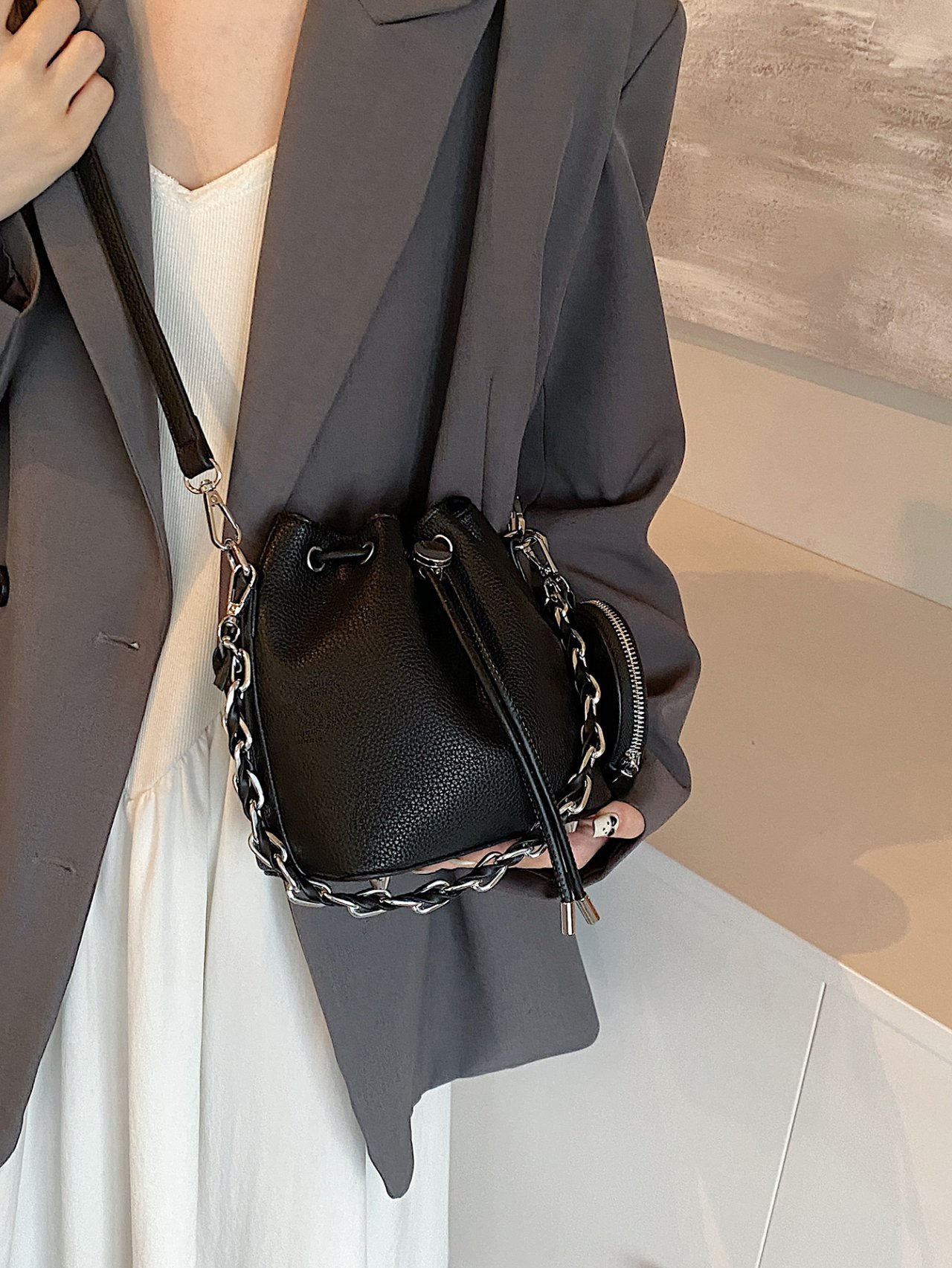 Black Textured Crossbody Bucket Bag with Chain Detail