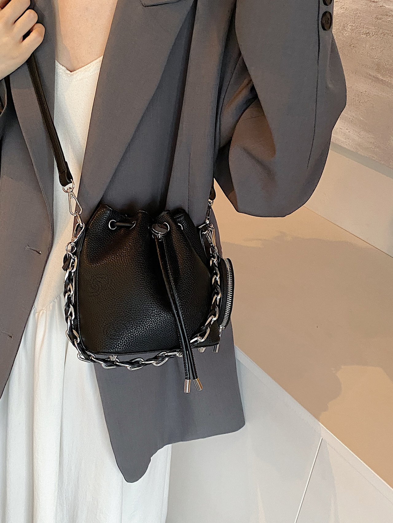 Black Textured Crossbody Bucket Bag with Chain Detail