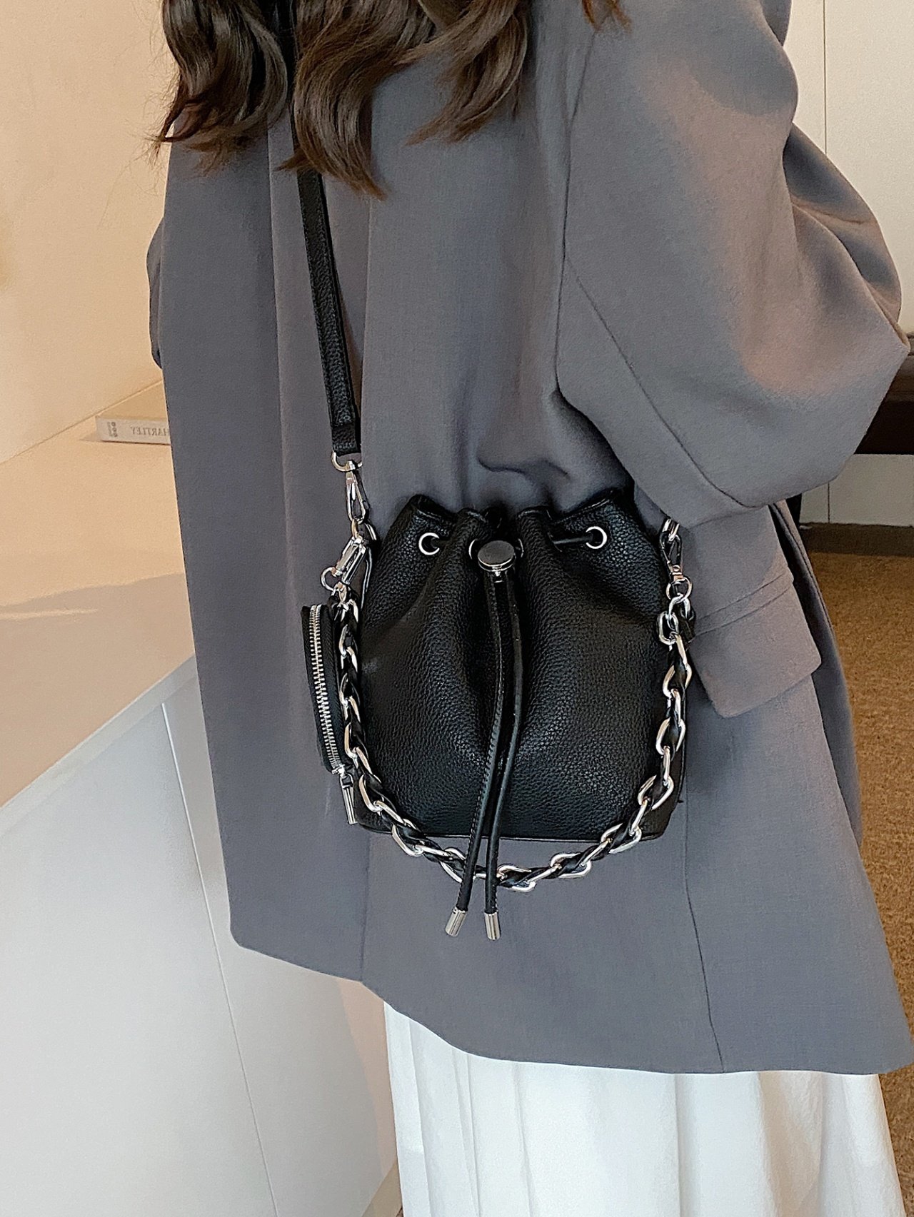 Black Textured Crossbody Bucket Bag with Chain Detail