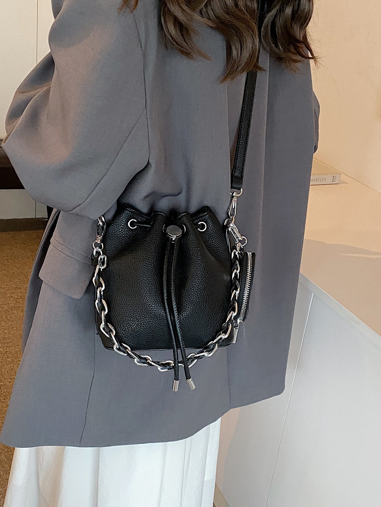 Black Textured Crossbody Bucket Bag with Chain Detail