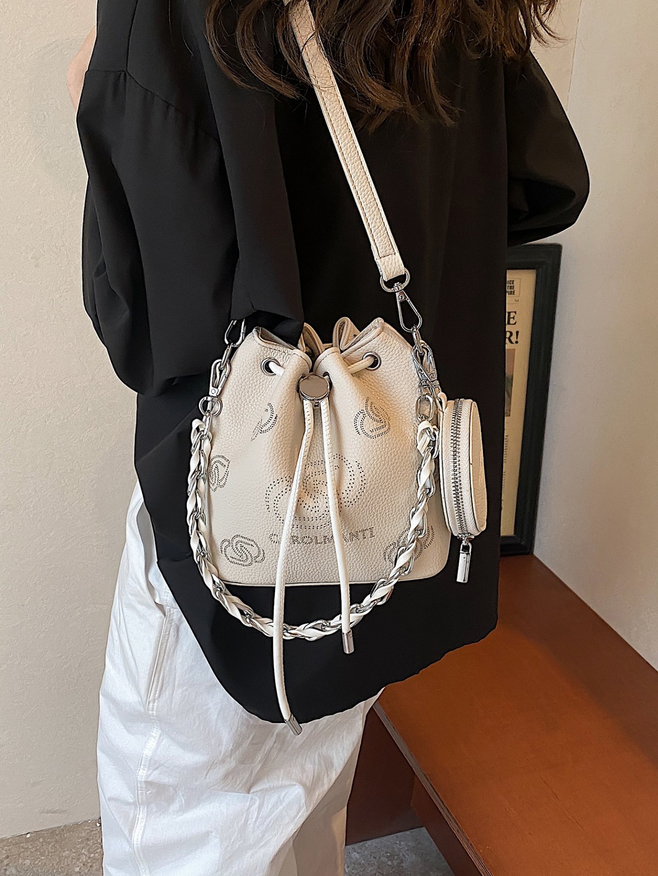 Off-White Crossbody Bag with Chain Detail