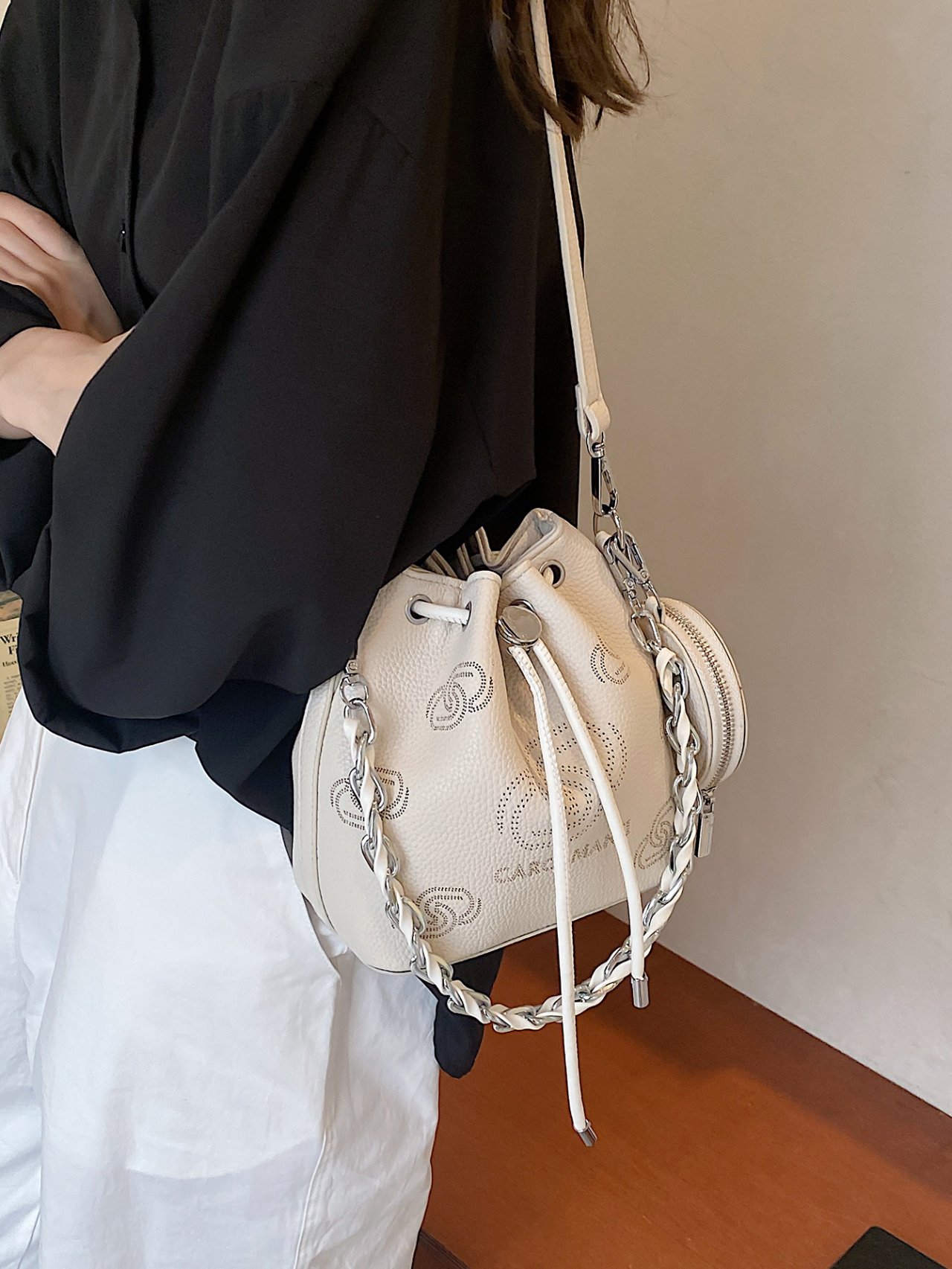 Off-White Crossbody Bag with Chain Detail