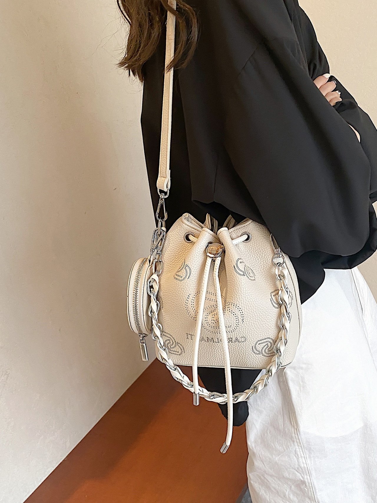Off-White Crossbody Bag with Chain Detail