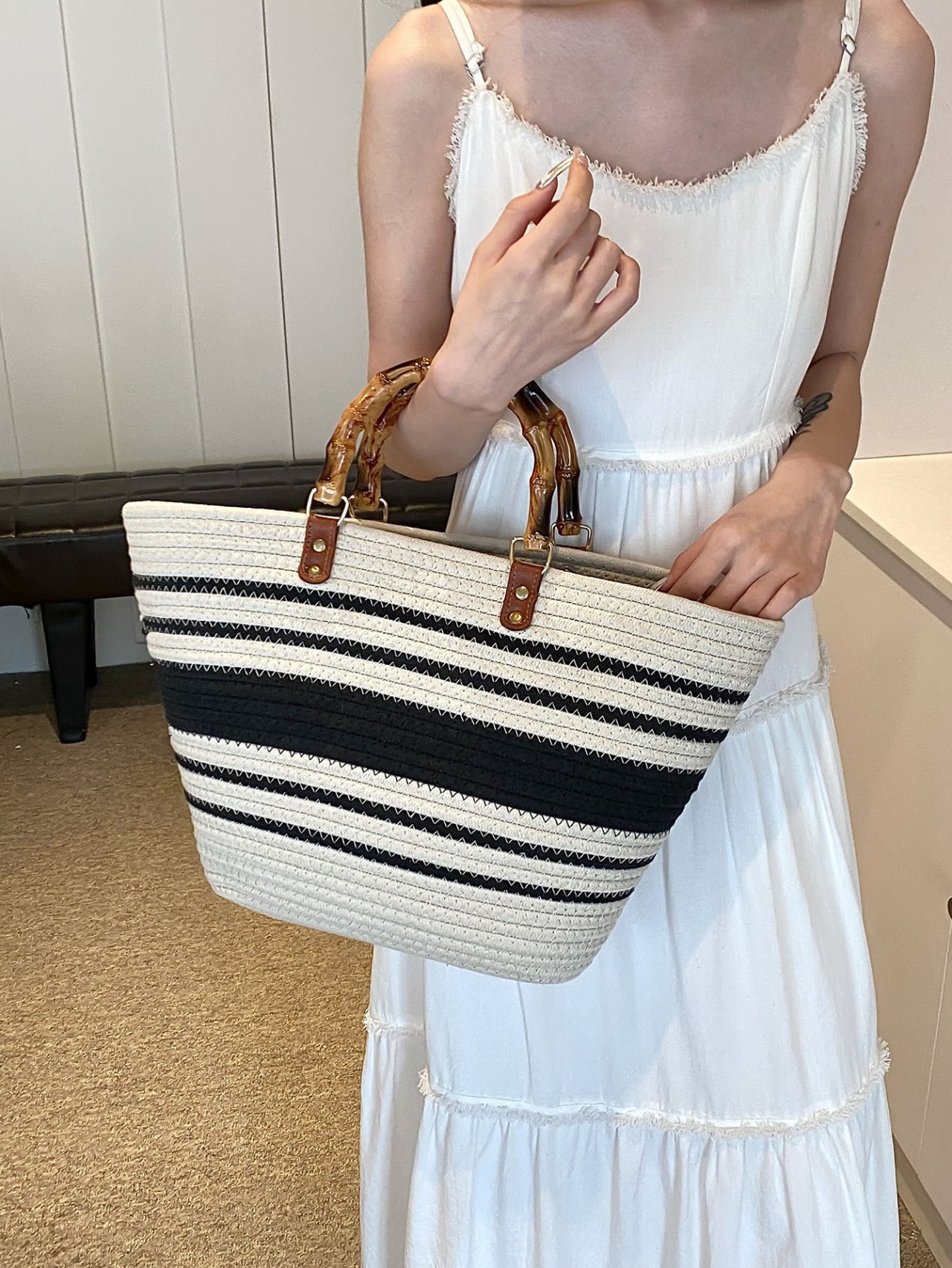 Striped Woven Straw Handbag with Bamboo Handles