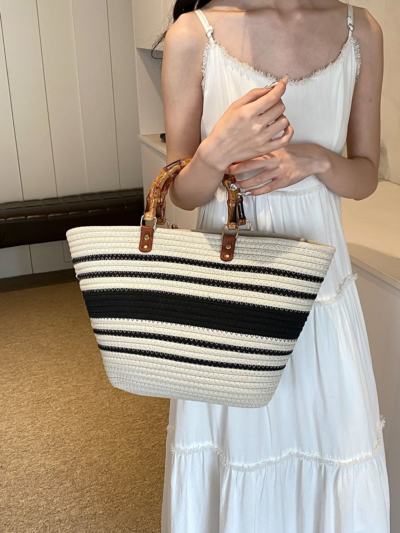 Striped Woven Straw Handbag with Bamboo Handles