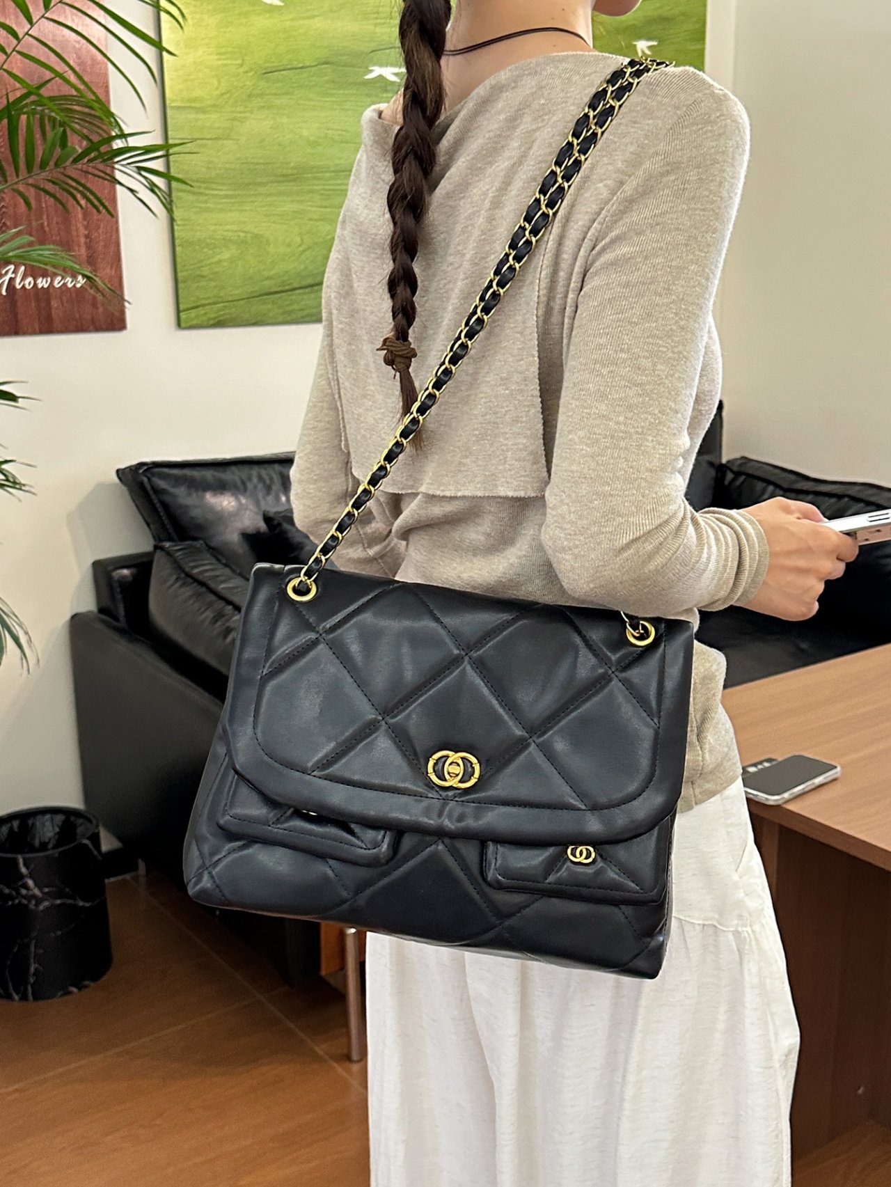 Black Quilted Shoulder Bag with Gold Chain Strap