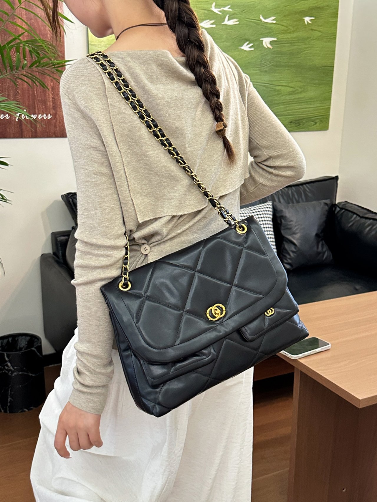 Black Quilted Shoulder Bag with Gold Chain Strap