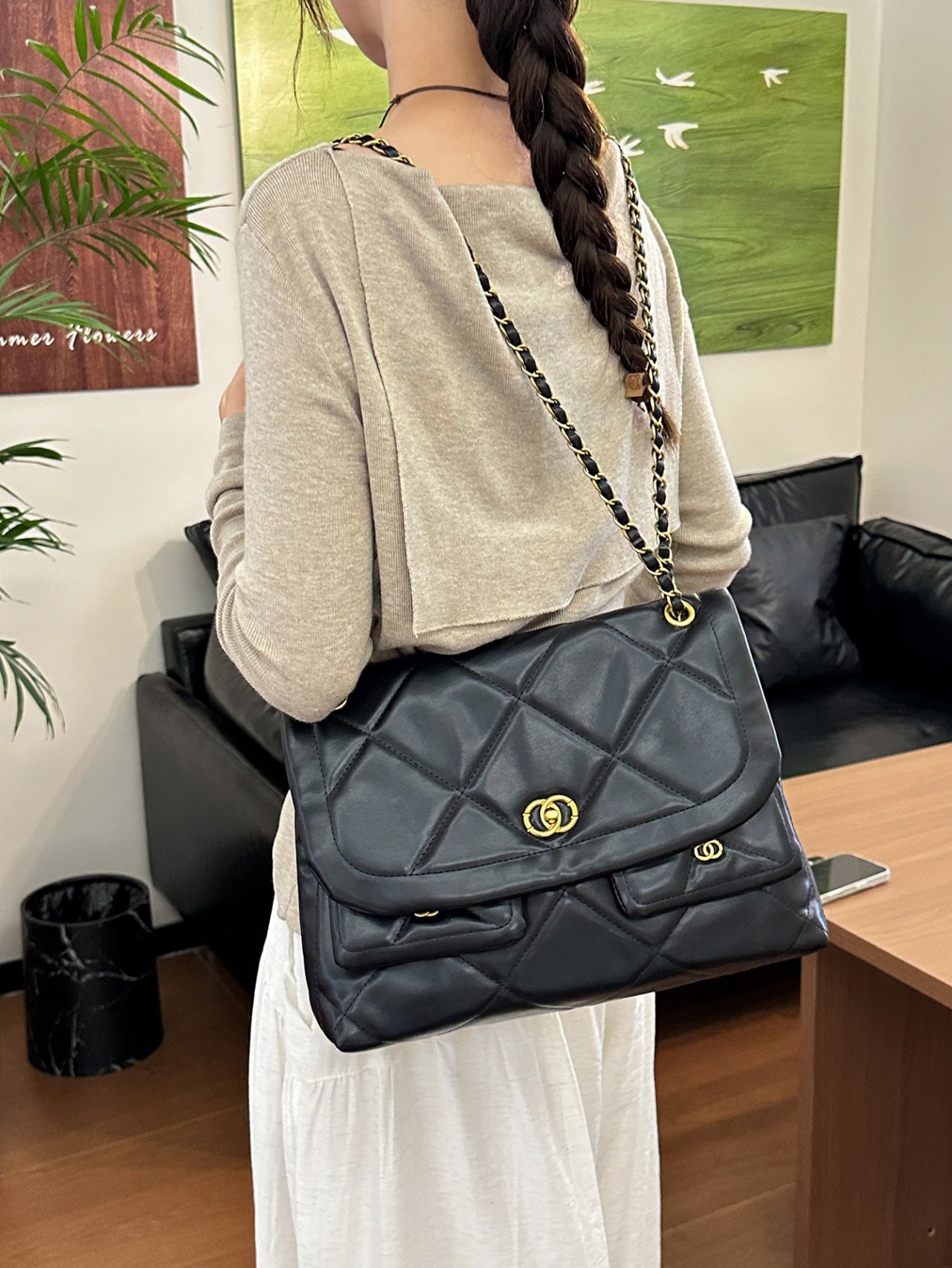 Black Quilted Shoulder Bag with Gold Chain Strap
