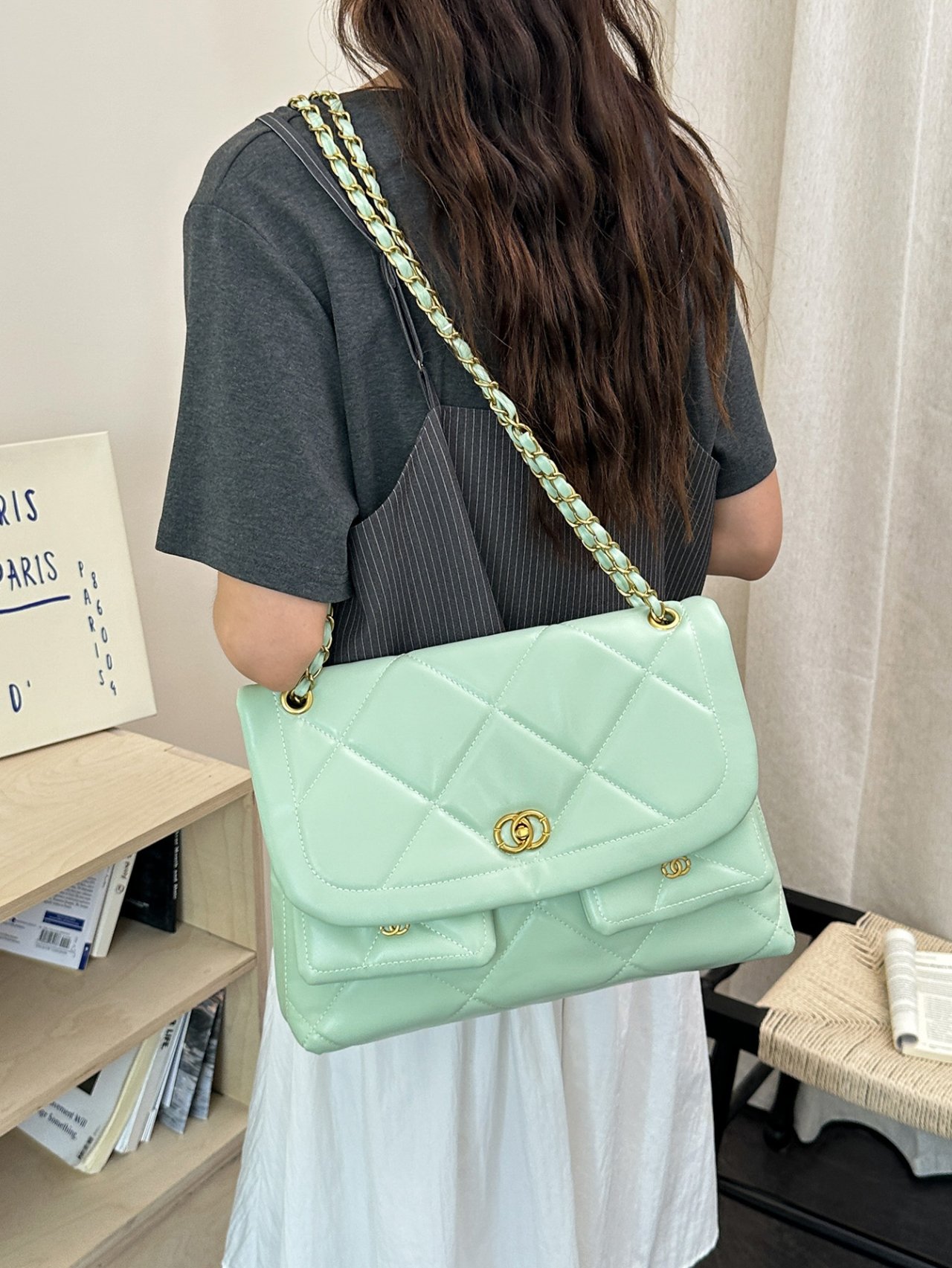 Green Quilted Shoulder Bag with Gold Chain Strap