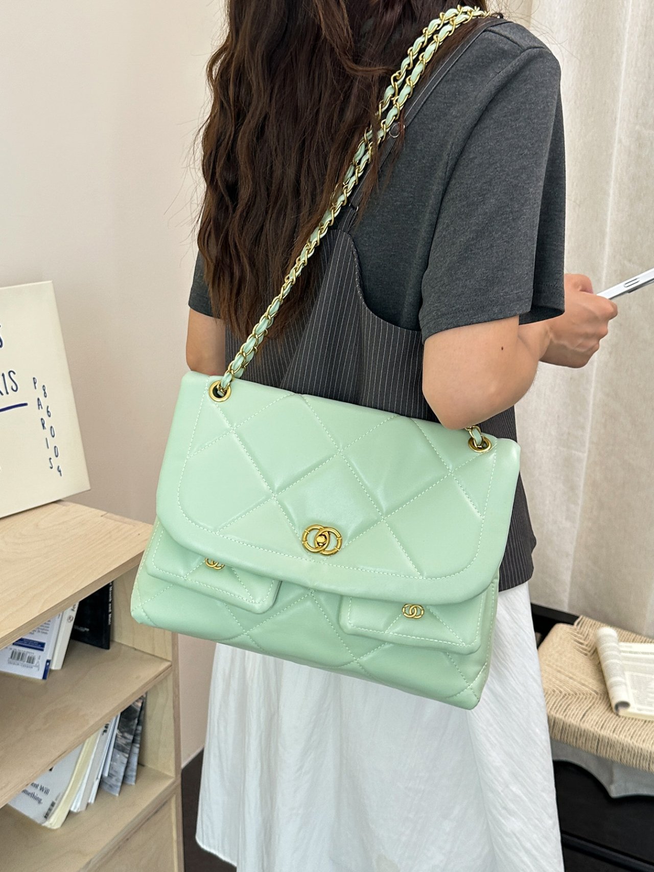 Green Quilted Shoulder Bag with Gold Chain Strap