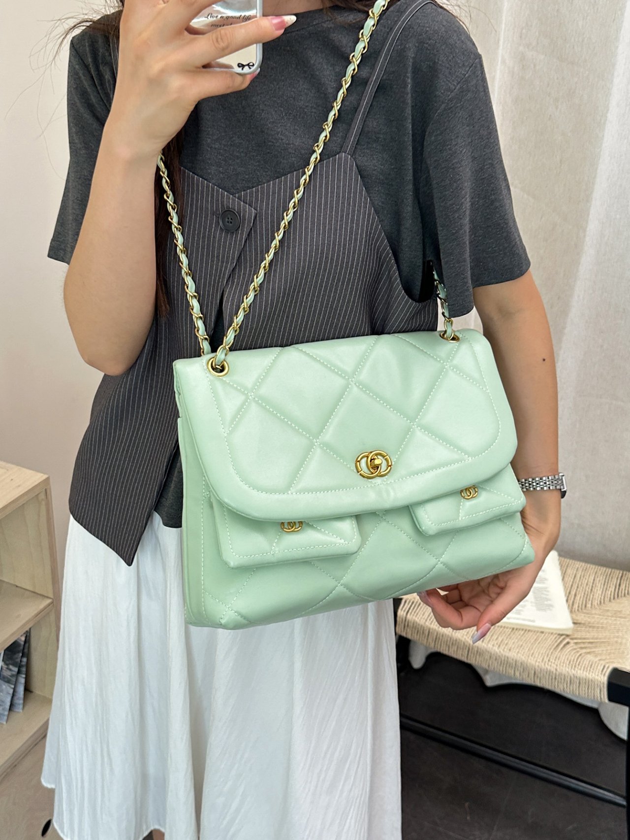 Green Quilted Shoulder Bag with Gold Chain Strap