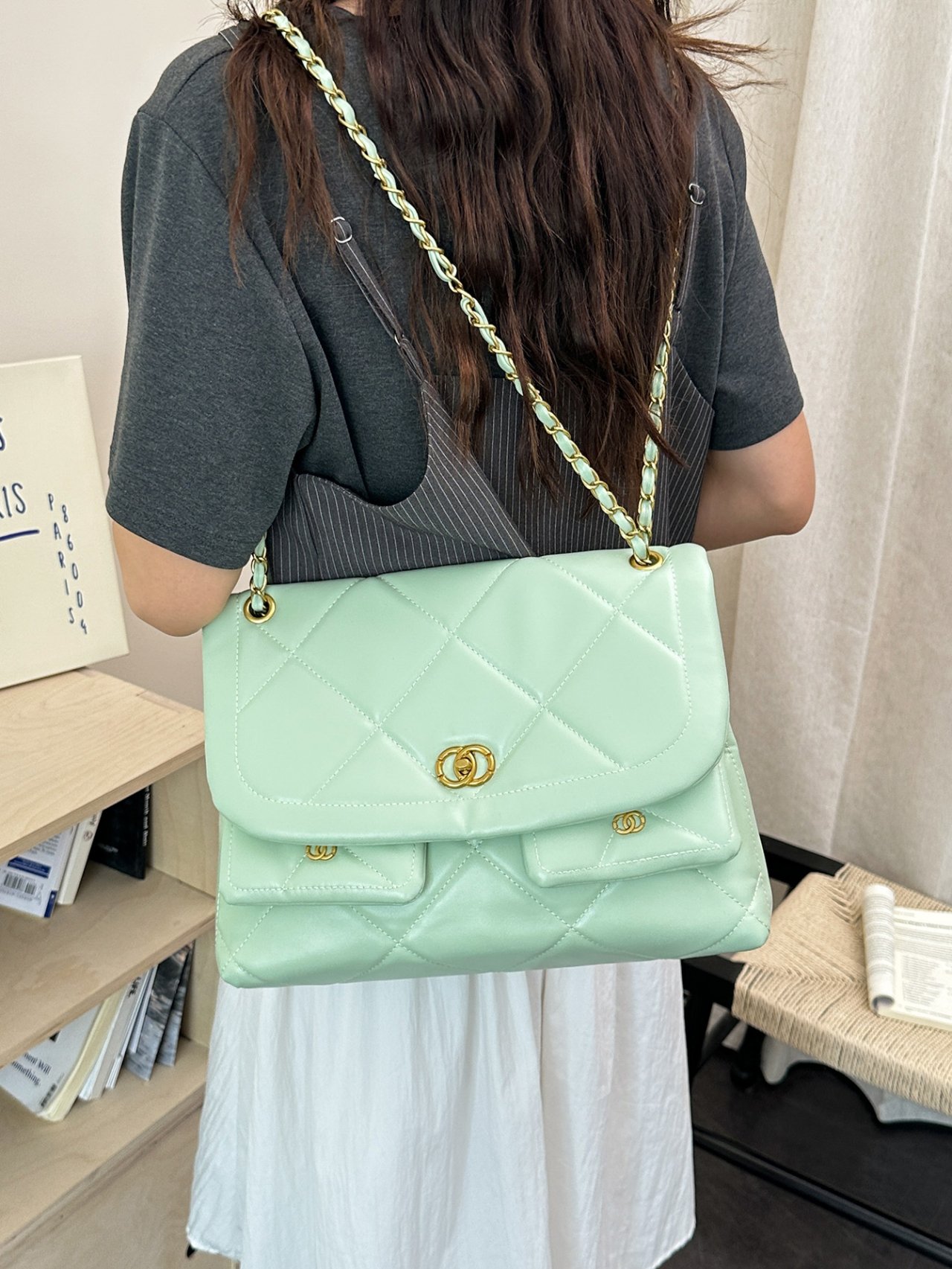 Green Quilted Shoulder Bag with Gold Chain Strap