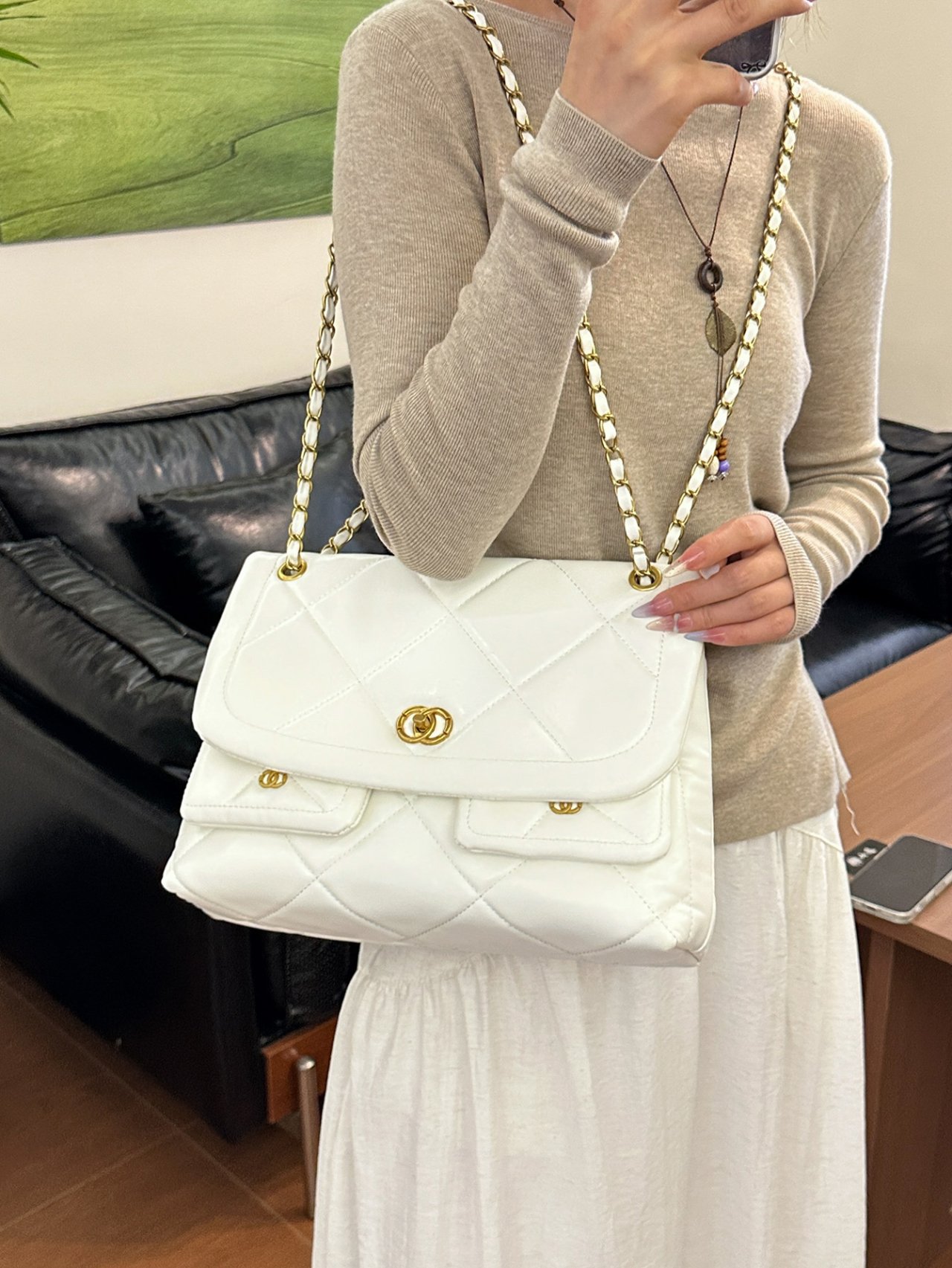 White Quilted Shoulder Bag with Gold Chain