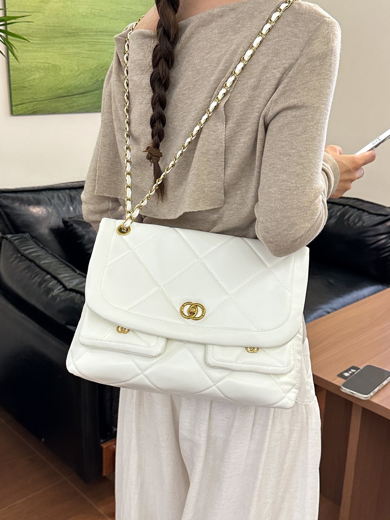 White Quilted Shoulder Bag with Gold Chain