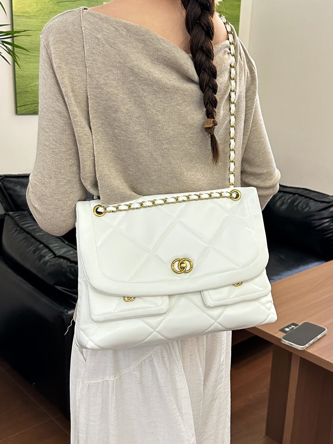 White Quilted Shoulder Bag with Gold Chain
