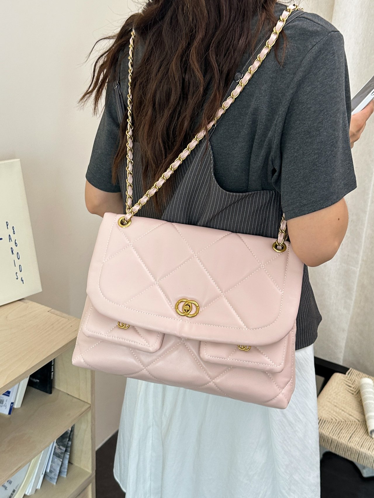 Pink Quilted Flap Shoulder Bag with Chain Strap