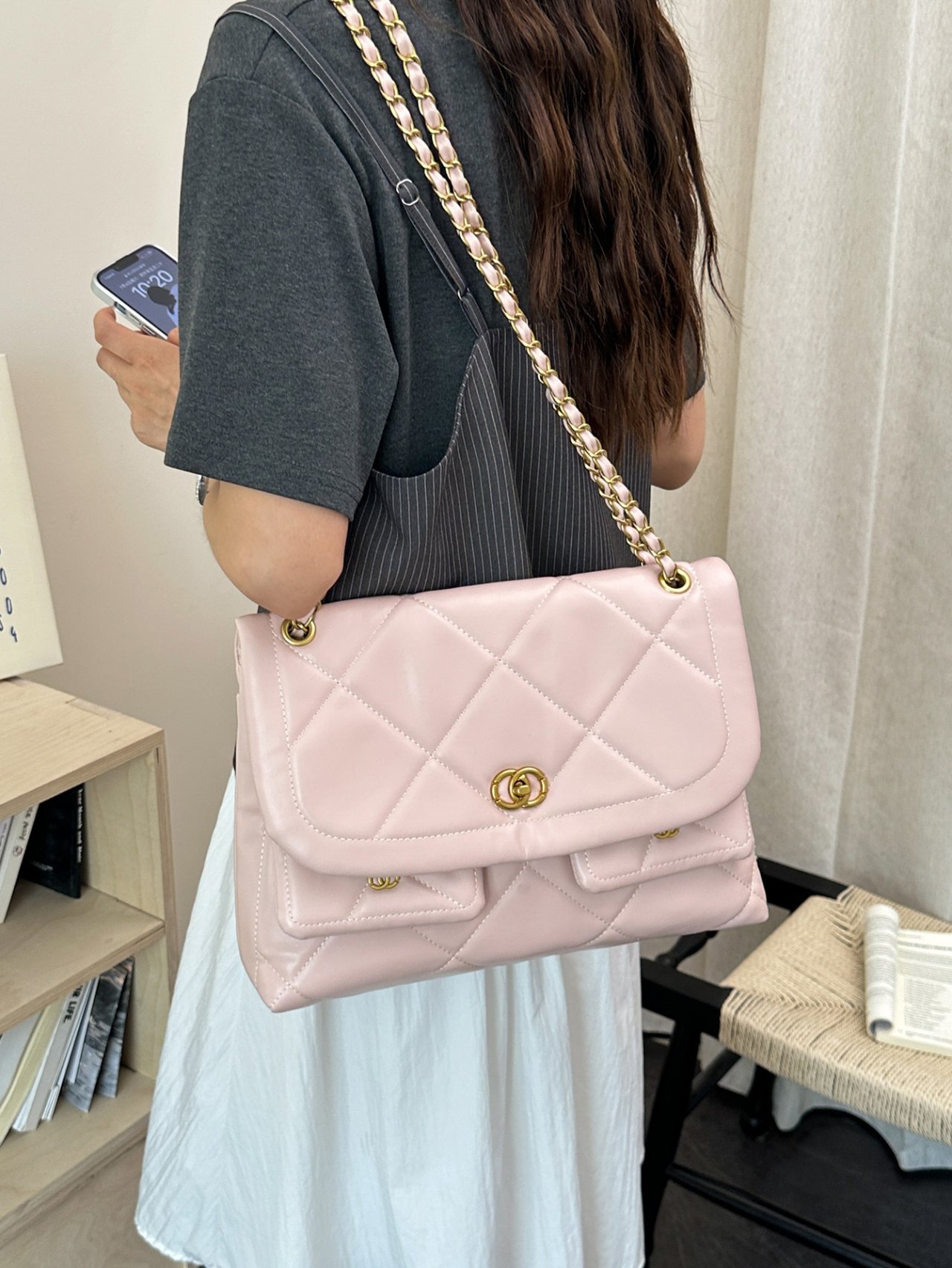 Pink Quilted Flap Shoulder Bag with Chain Strap