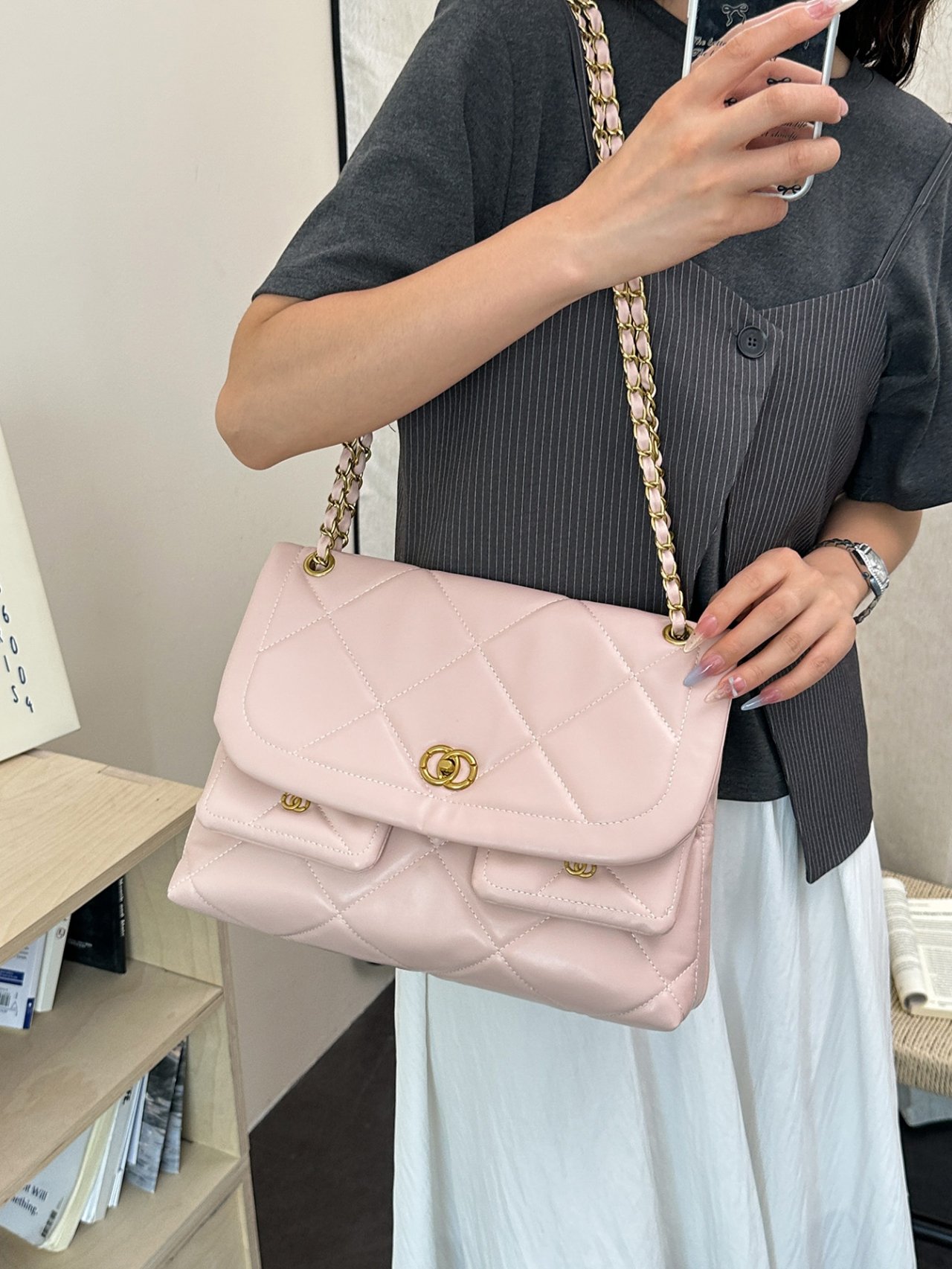 Pink Quilted Flap Shoulder Bag with Chain Strap