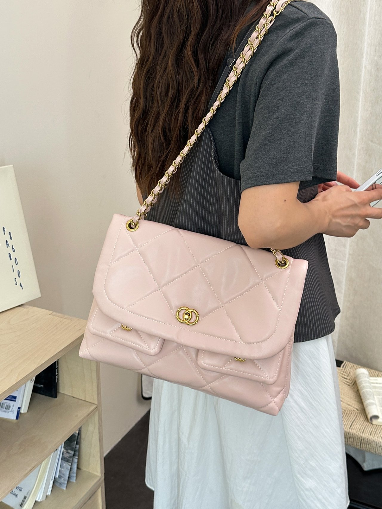 Pink Quilted Flap Shoulder Bag with Chain Strap